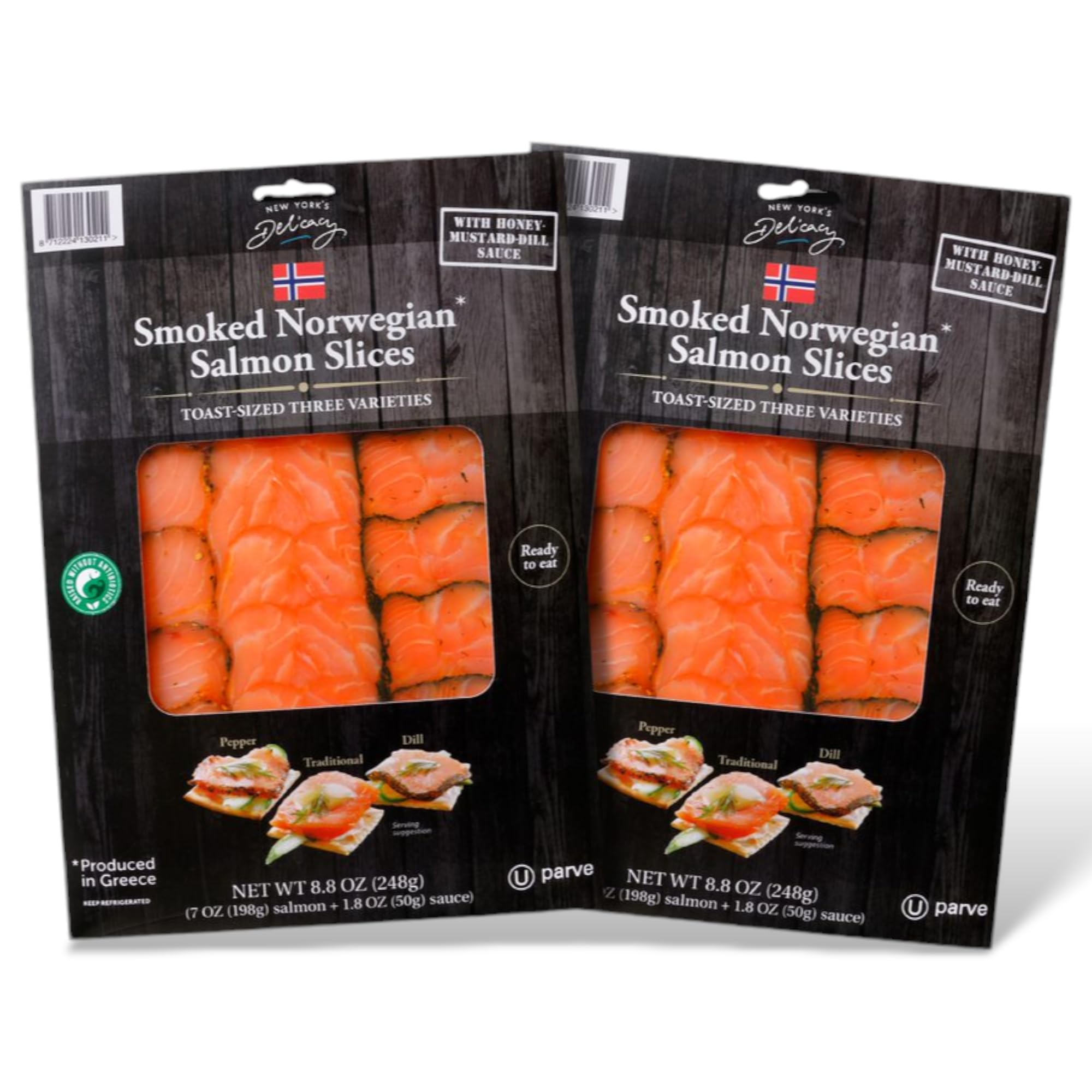 Premium Smoked Norwegian Salmon from New York - 2 Pack (7 Oz Each) - Sliced for Toast with 3 Flavor Options: Pepper, Traditional & Dill - Includes Gourmet Honey Mustard Dill Sauce - Perfect for Brunch, Charcuterie Boards & Gourmet Sandwiches