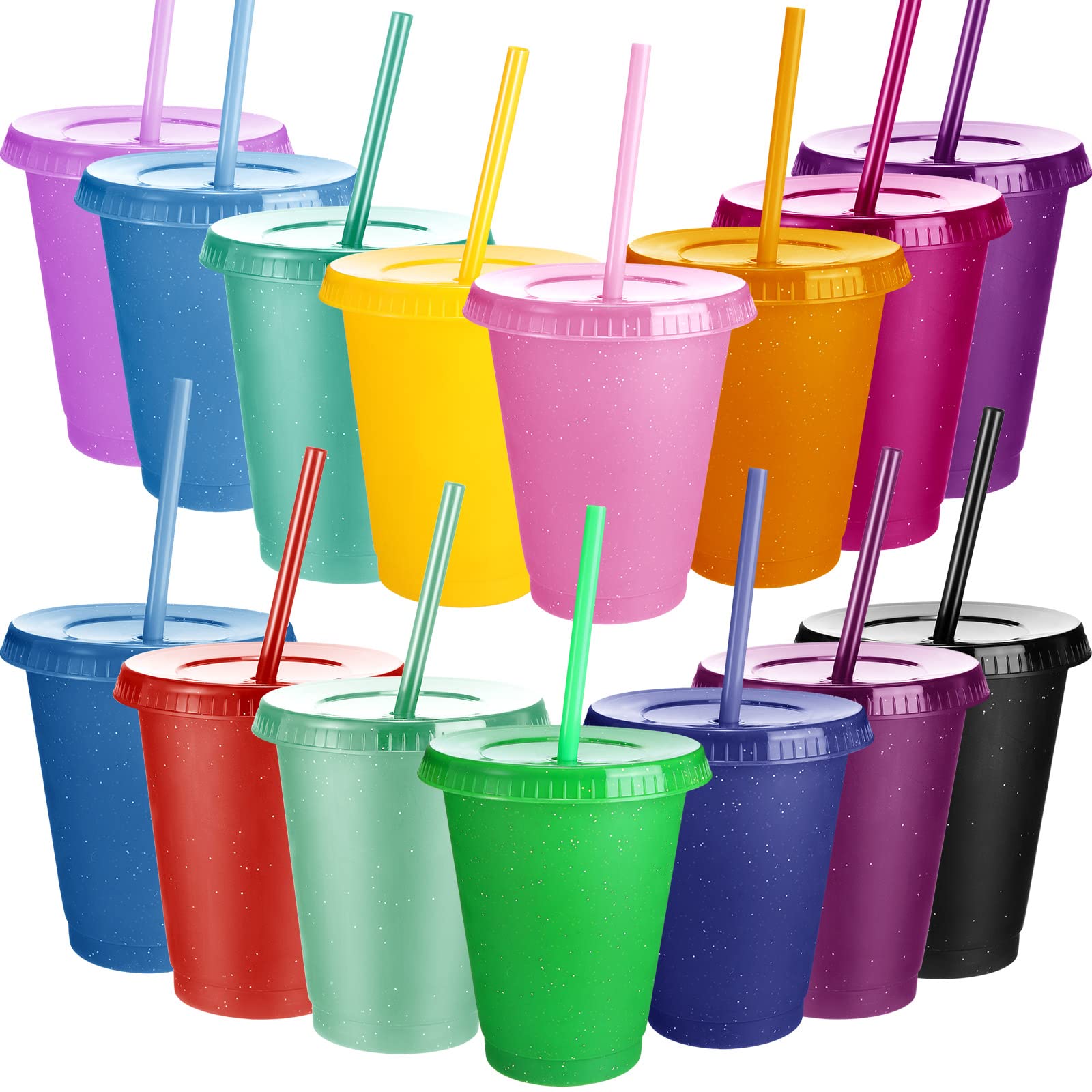 16oz Reusable Plastic Tumbler Cups with Lids & Straws - 15 Pack Cute Color Kids Water Bottles for Travel, Iced Coffee, Parties & Daily Use - BPA-Free Spill-Proof Drinkware for Adults & Children