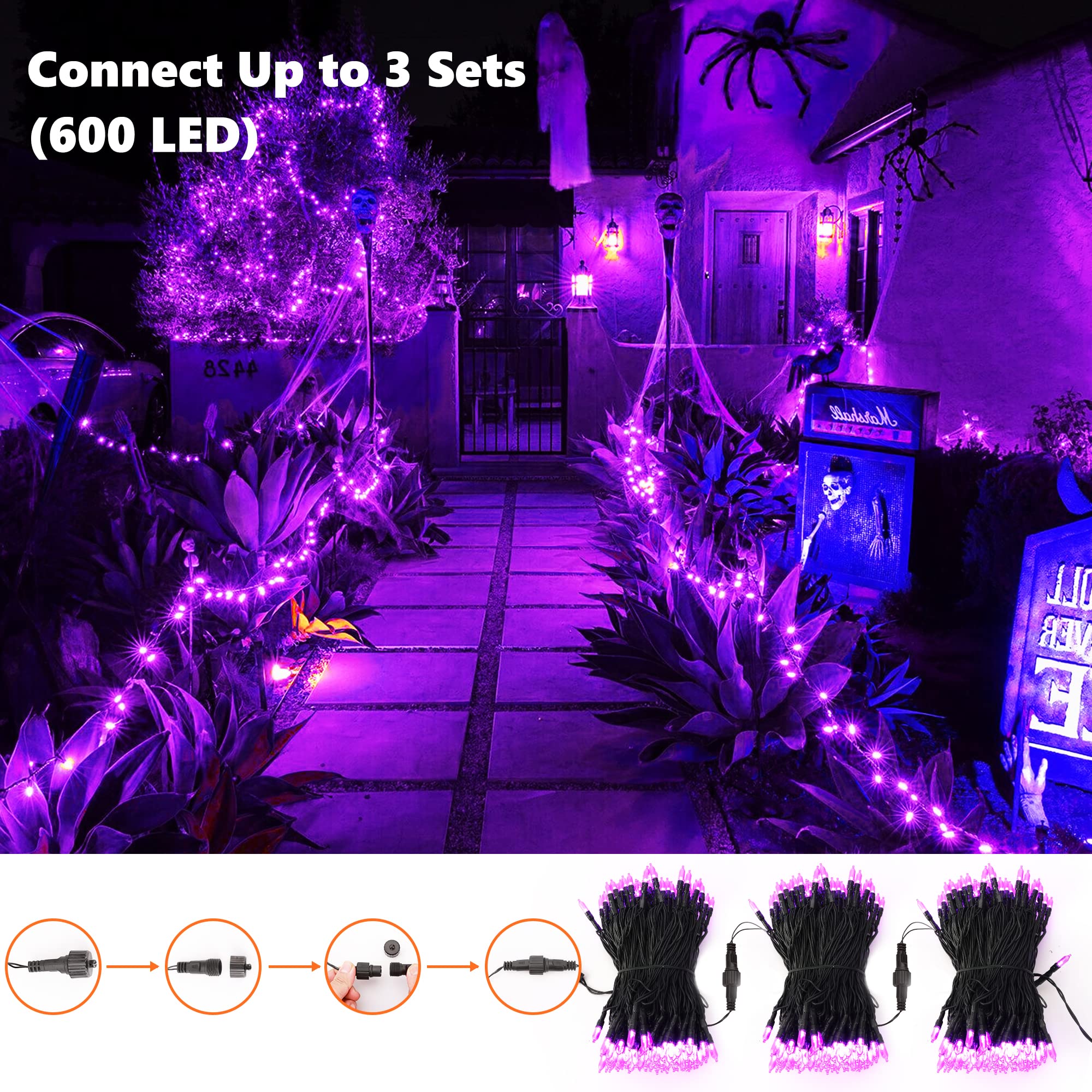 BrizLabs 66ft 200 LED Purple Halloween String Lights - Waterproof Outdoor/Indoor Fairy Lights with 8 Modes & Timer - Perfect for Halloween Decorations, Christmas Trees, Parties, Patio, Garden, and Home Decor
