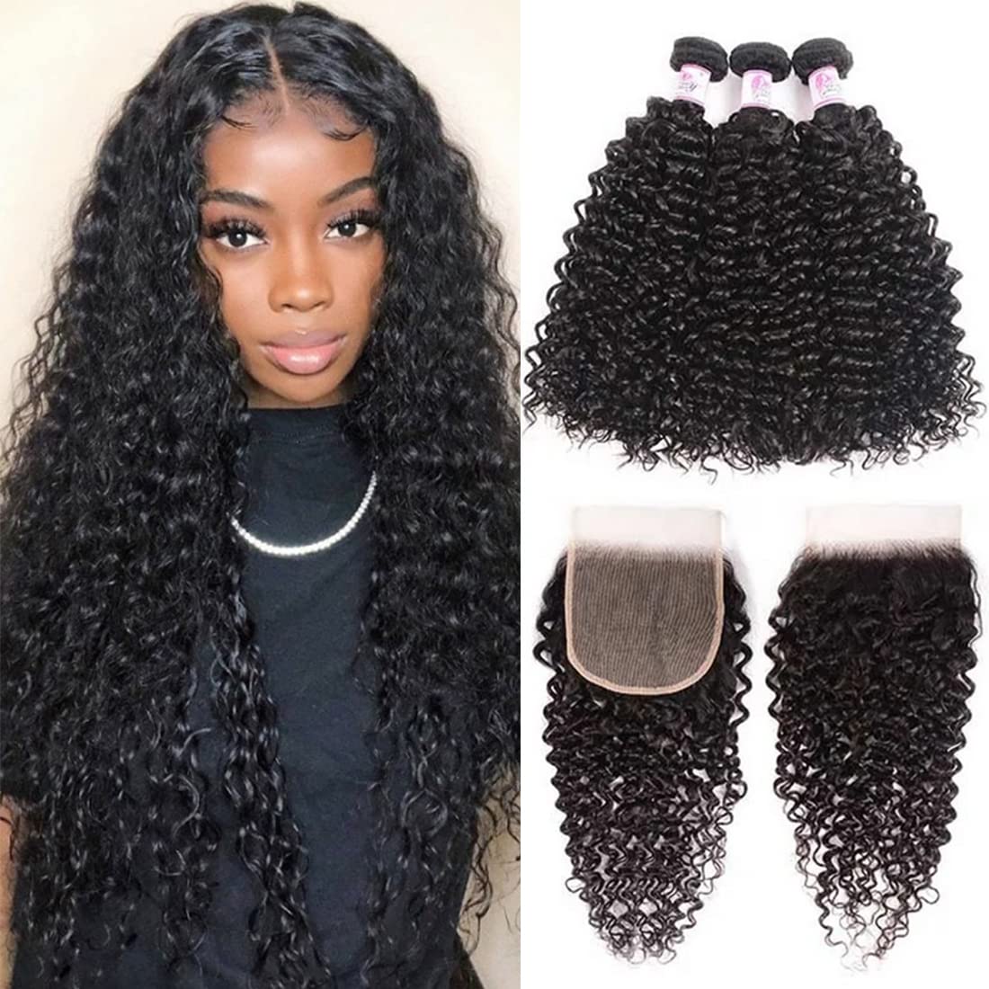 Beauty Forever Jerry Curly 3 Bundles With 5X5 HD Lace Closure Brazilian Unprocessed Virgin Human Hair Weave - 18 18 18 + 16 Inch Free Part Lace Closure Natural Color Virgin Remy Hair Extensions for Stunning Curly Hairstyles & Daily Wear