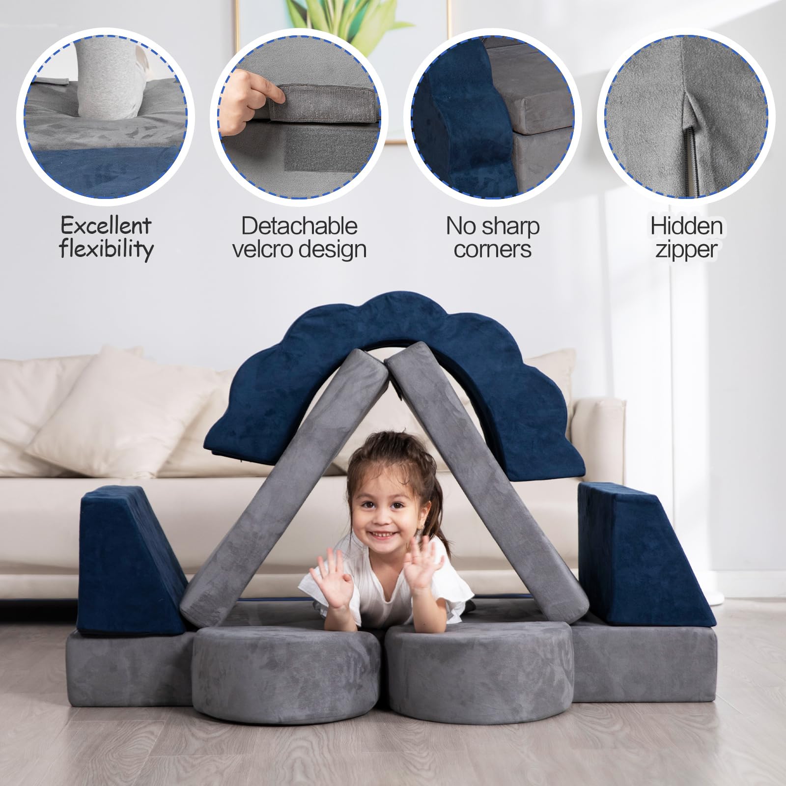 **10-Piece Modular Kids Play Couch - Foldable Toddler Foam Sofa with Flower-Shaped Climbing Blocks | Convertible Playroom & Bedroom Furniture for Creative Boys & Girls | Perfect for Indoor Play, Climbing, and Imaginative Fun**