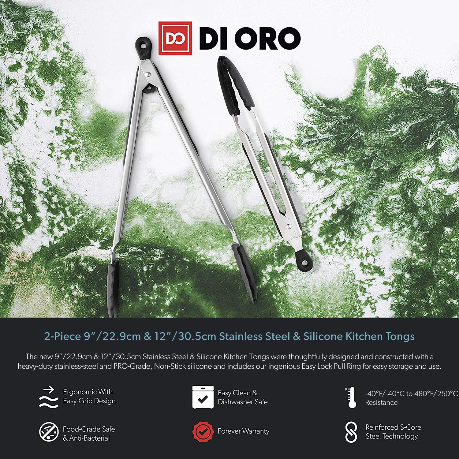 DI ORO 8-Piece Premium Silicone Kitchen Utensil Set - 600°F Heat-Resistant Non-Scratch Cooking Tools with Turner Spatula, Tongs & Spatulas - Dishwasher Safe Baking & Cooking Utensils for Home Chefs (Black) - Perfect for Flipping Pancakes, Stirring Sauces & Serving Pasta