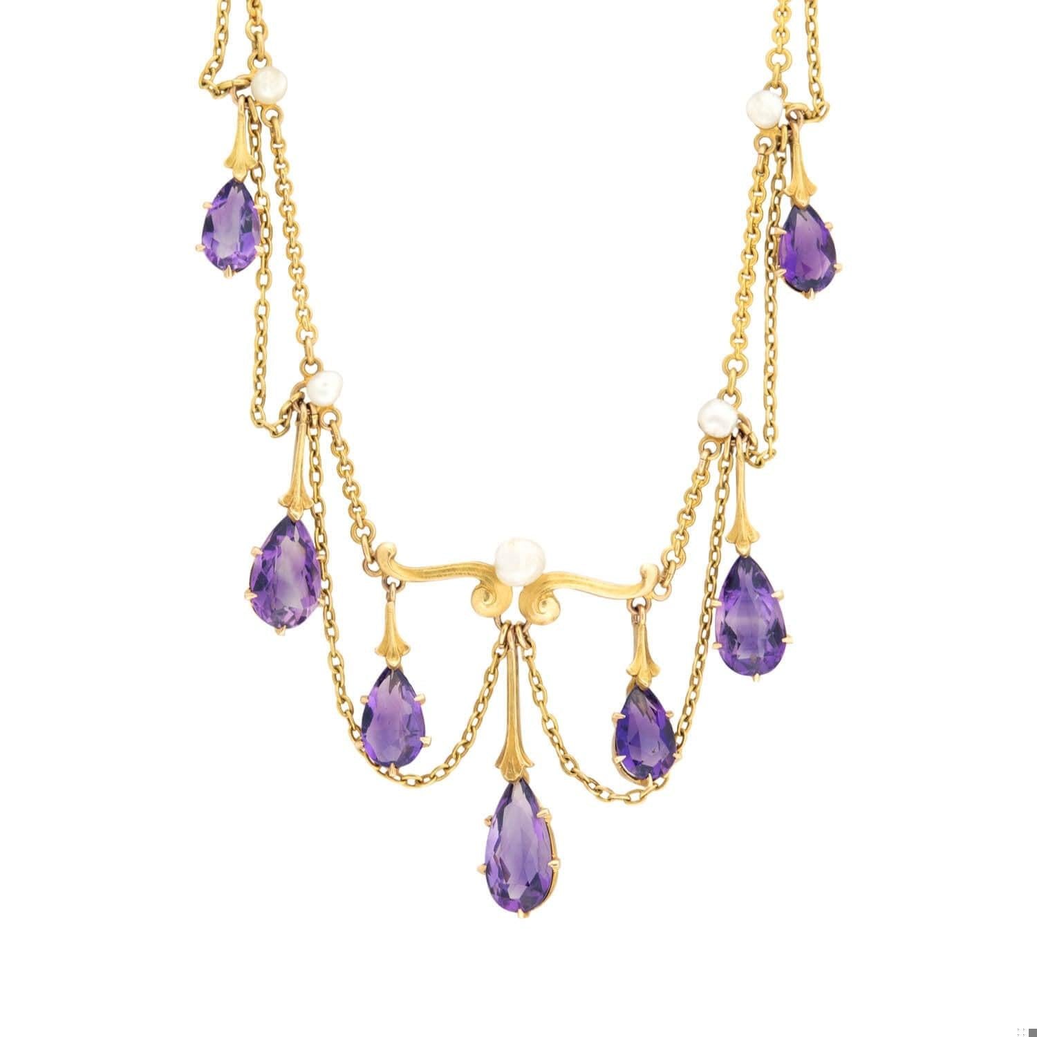 Victorian Style 14K Gold Amethyst and Pearl Festoon Necklace – Elegant Antique Jewelry for Weddings, Parties & Special Occasions