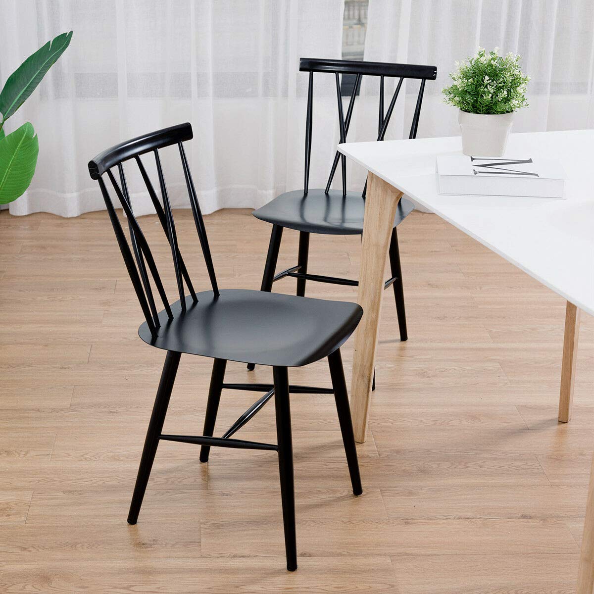 COSTWAY Dining Chair Set of 2 - Farmhouse Windsor Chairs with Spindle Back & Sturdy Metal Frame, 17'' Height Kitchen Side Chairs for Dining Room, Living Room or Restaurant Use | Perfect for Home Decor, Family Gatherings & Commercial Spaces