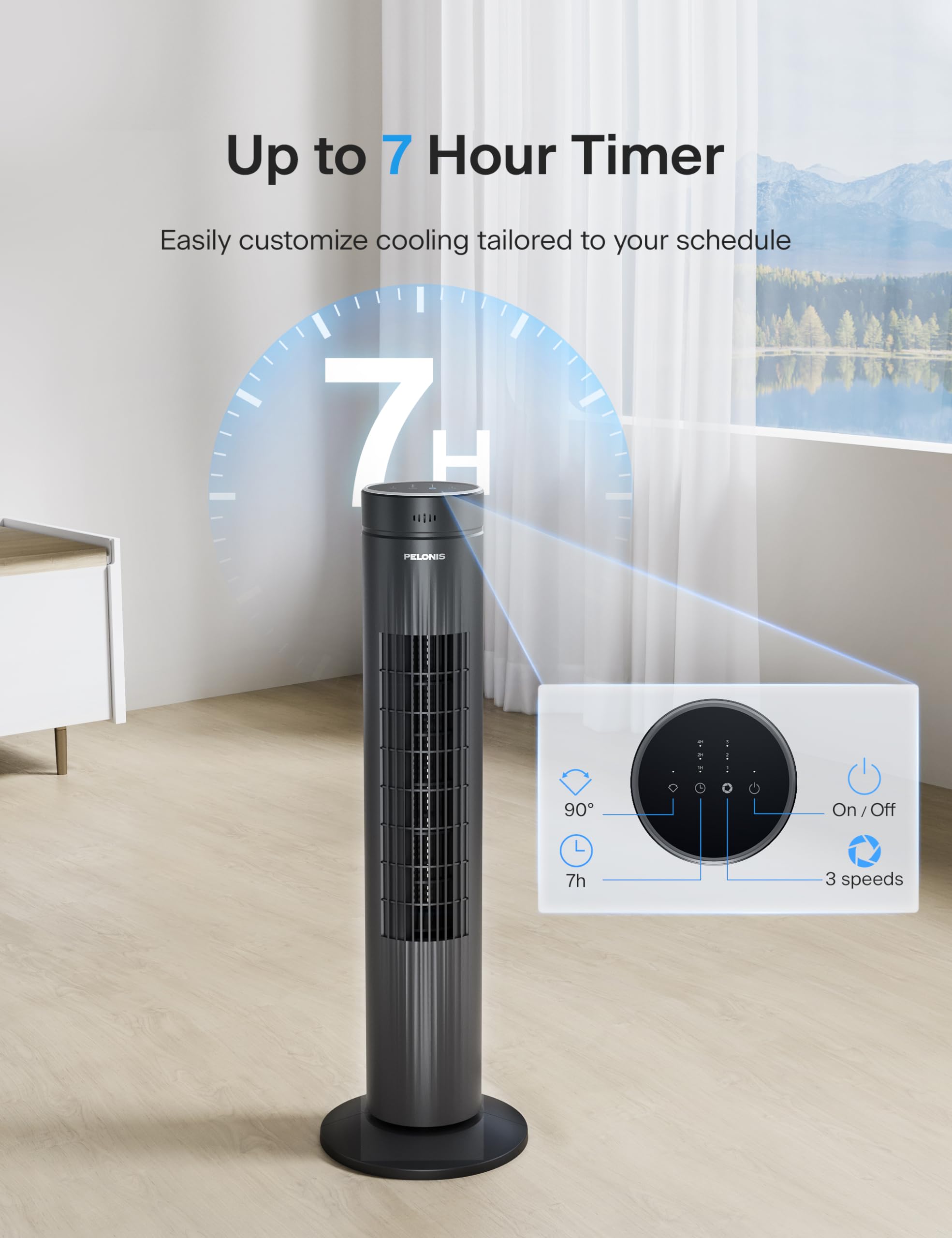Pelonis 30 Inch Bladeless Tower Fan - 3 Speed Settings, 37dB Quiet Operation, Remote Control & 7-Hour Timer - Cooling Fan for Bedroom, Living Room, Office - Black (Ideal for Summer, Night Use & Home Cooling)