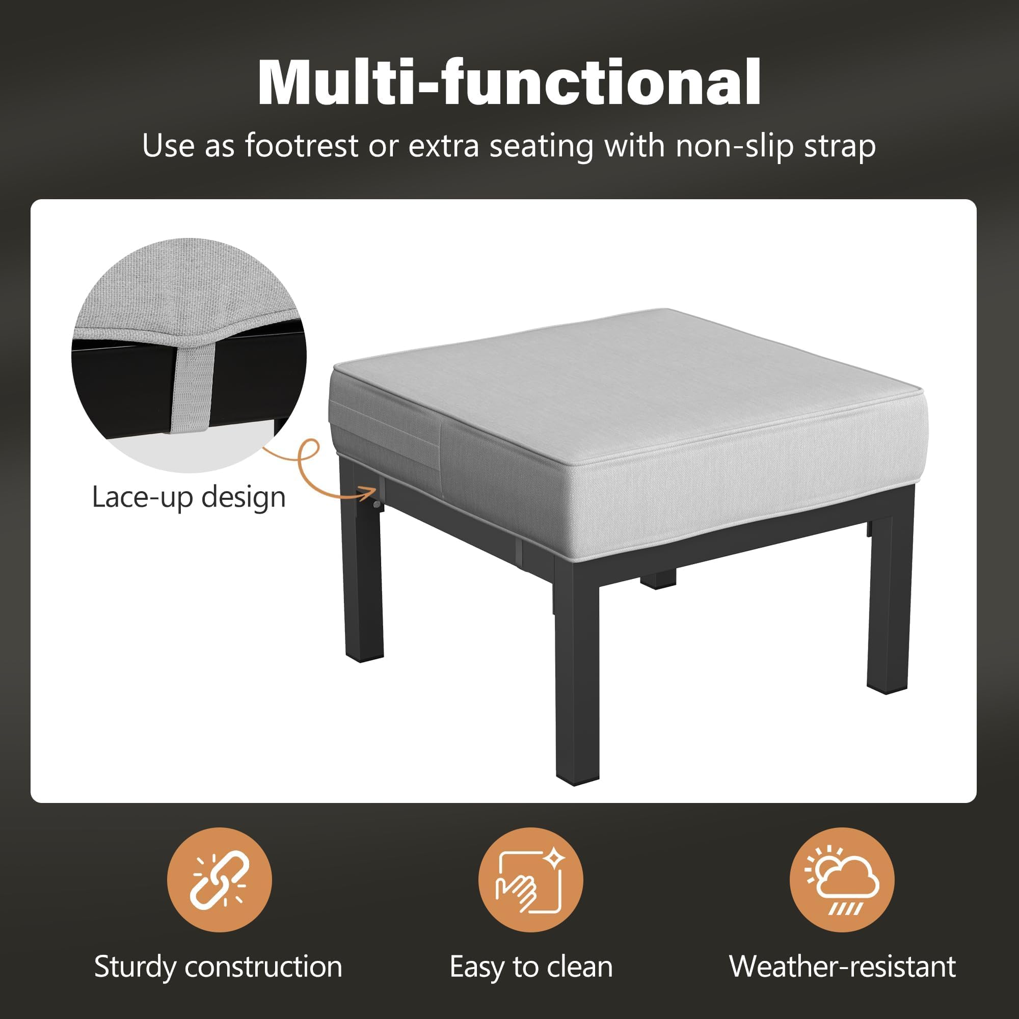 Solaste Outdoor Footstools Set of 2 - All-Weather Aluminum Patio Ottoman with Removable Cushions, Garden Backyard Poolside Furniture for Relaxing, Lounging & Outdoor Entertaining - Grey