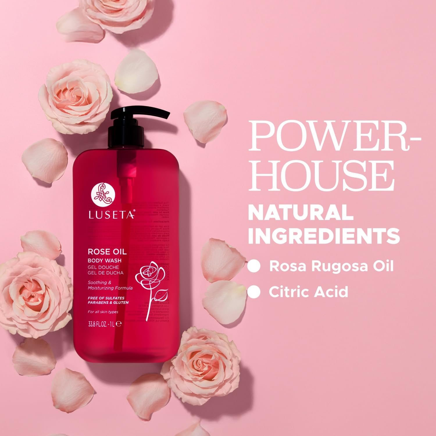 Luseta Rose Oil Body Wash - Hydrating & Moisturizing Shower Gel for Dry Skin | Sulfate-Free, Cleansing & Nourishing Formula for Women & Men | 33.8oz | Perfect for Daily Shower Routine & Spa-Like Relaxation at Home