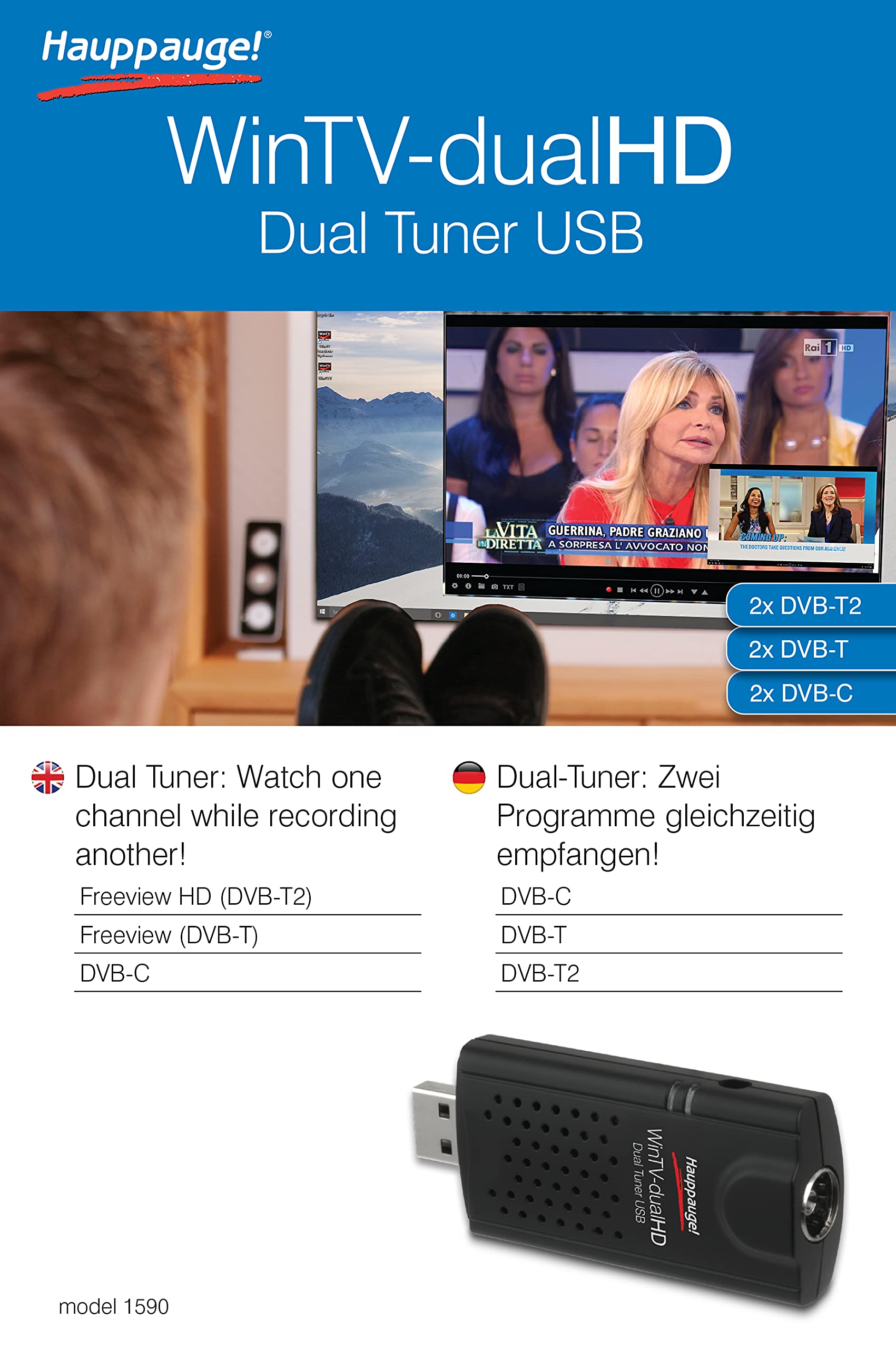 Hauppauge WinTV-dualHD USB TV Tuner Stick - Dual DVB-C/T2/T Support with FB for Live TV Streaming & Recording on PC/Laptop - Perfect for Home Entertainment, Gaming & Digital TV Enthusiasts