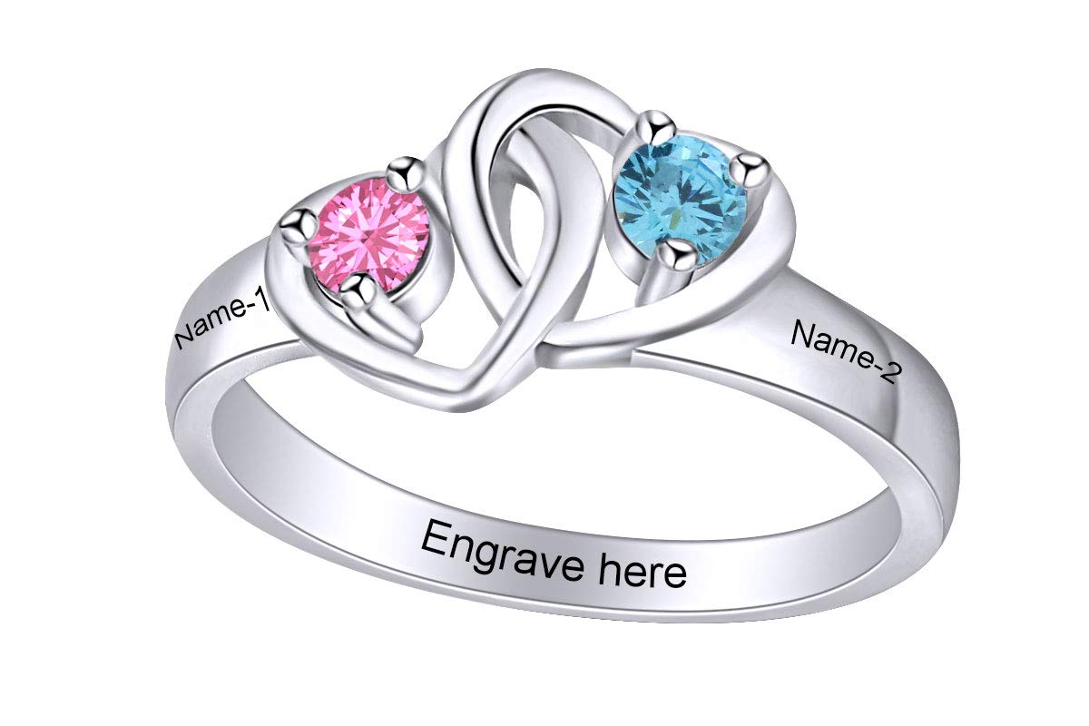 AFFY Two Stone Personalized Heart Promise Band Ring - 14k Gold Over Sterling Silver - Romantic Gift for Her, Anniversary, Valentine's Day, Engagement