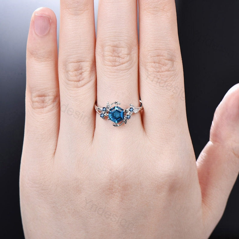 Vintage London Blue Topaz Engagement Ring - Elegant Twig & Leaf Cluster Design, Natural Inspired Branch Wedding Ring for Women | Perfect for Proposals, Anniversaries & Special Occasions