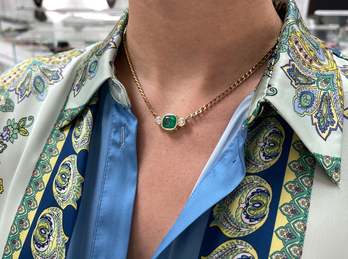 5.24tcw Dark Green Colombian Emerald Cushion Cut & Diamond Three Stone Necklace in 14K Gold - Elegant Jewelry for Weddings, Anniversaries & Special Occasions