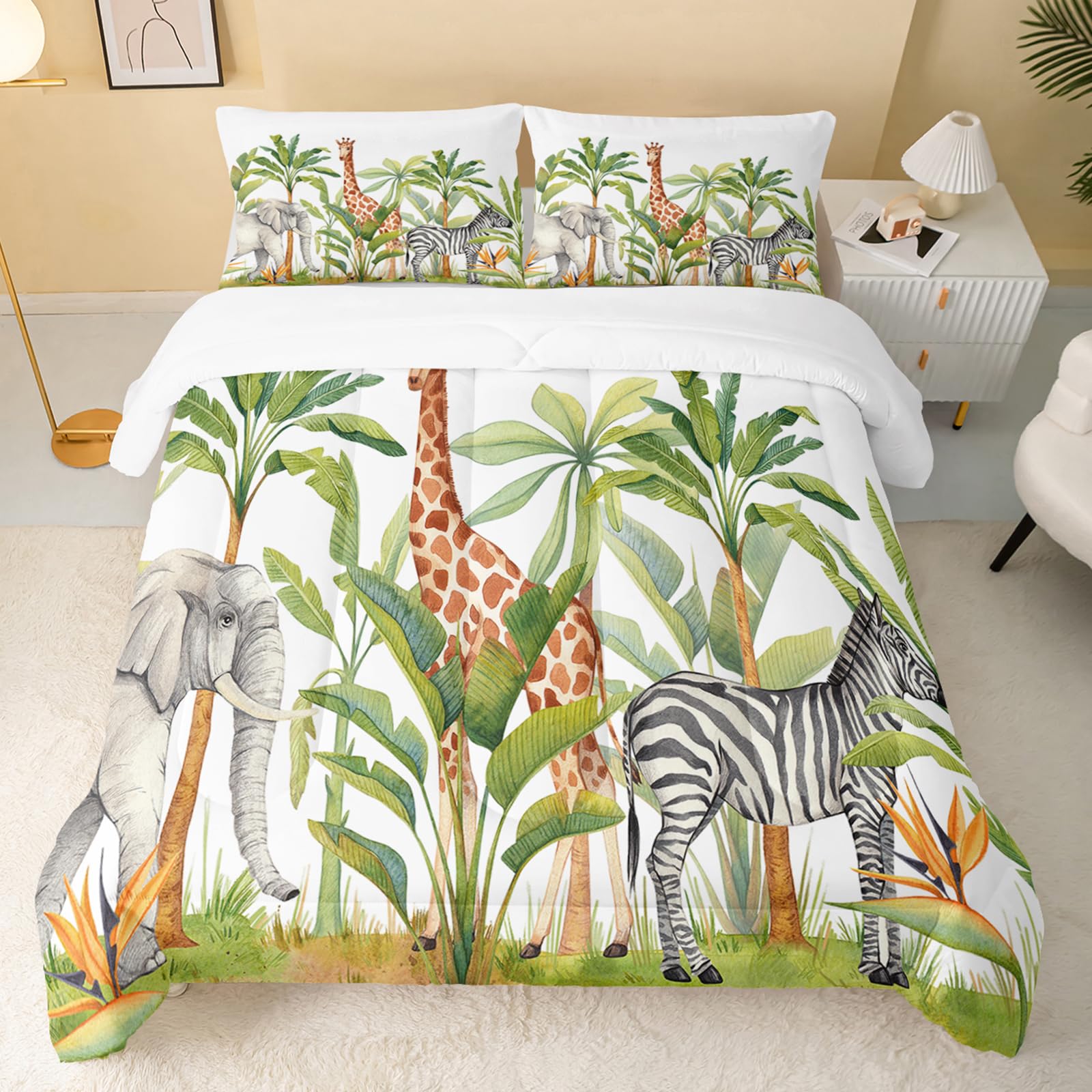 QOOMO Wild Animal Print Twin Size Comforter Set - Elephant Giraffe Zebra Design, 3 Piece Kids Bedding with 2 Pillowcases, Soft Lightweight Down Alternative for All Seasons | Perfect for Nursery, Kids Room Decor & Cozy Bedtime