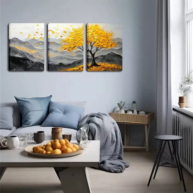 3-Piece Yellow Big Tree on Mountain Wall Art Set - Framed Canvas 40x60cm - High Quality Print - 100% Australian Made - Ready to Hang - Perfect for Living Room, Bedroom & Office Decor