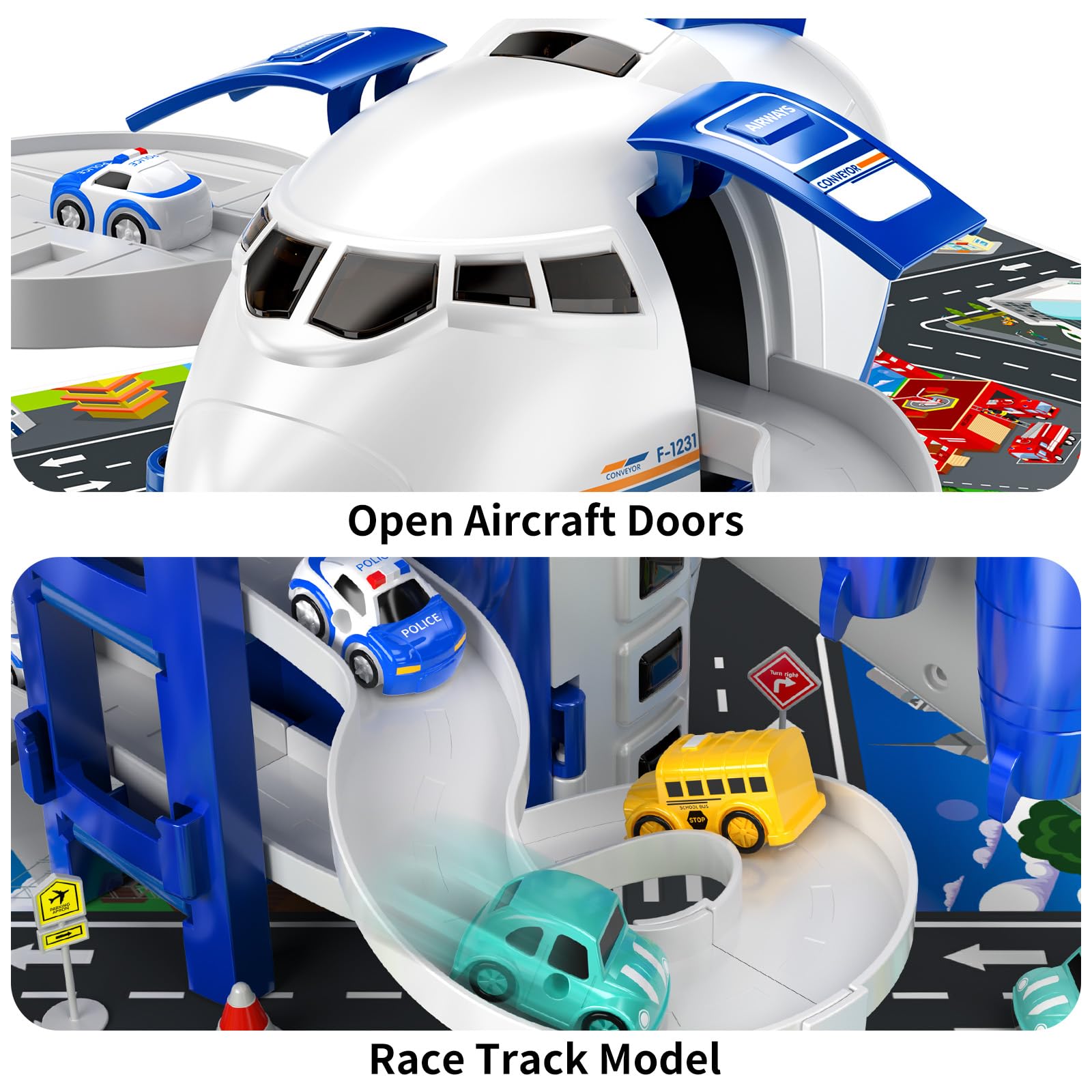 TEMI Kids Airplane & Race Car Toy Set for Boys & Girls Ages 2-7 - 8 City Vehicles with Parking Garage Playmat | STEM Learning Toy for Toddlers | Birthday Gift for 3-6 Year Olds | Perfect for Indoor Play, Preschool Learning & Adventure Imaginative Play