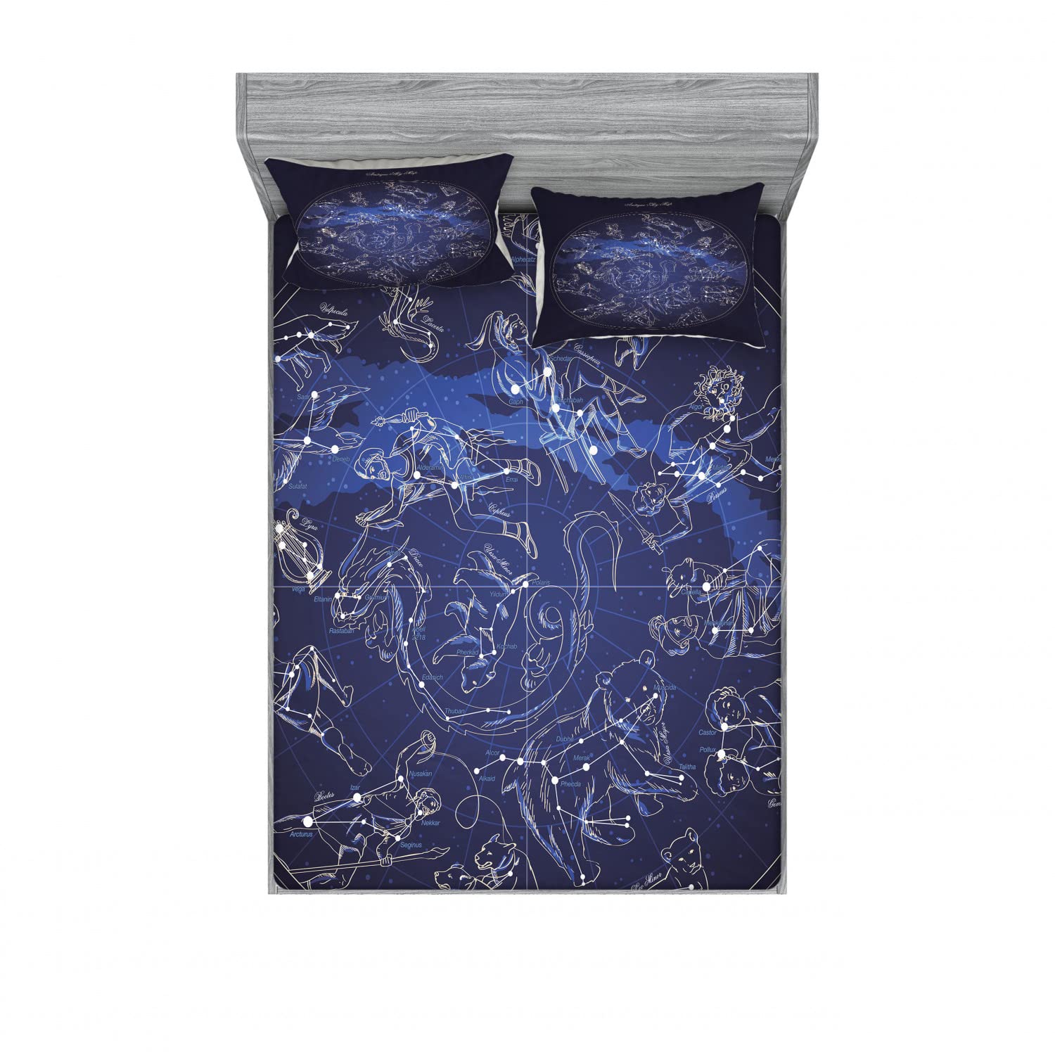 Ambesonne 2-Pack Queen Size Fitted Sheet & Pillow Sham Set - Vintage Constellation Sky Map Design - 4 Piece Bedding Set (2 Fitted Sheets + 4 Pillow Covers) in Navy Blue & Beige - Perfect for Astronomy Lovers' Bedroom Decor & Cozy Stargazing Nights