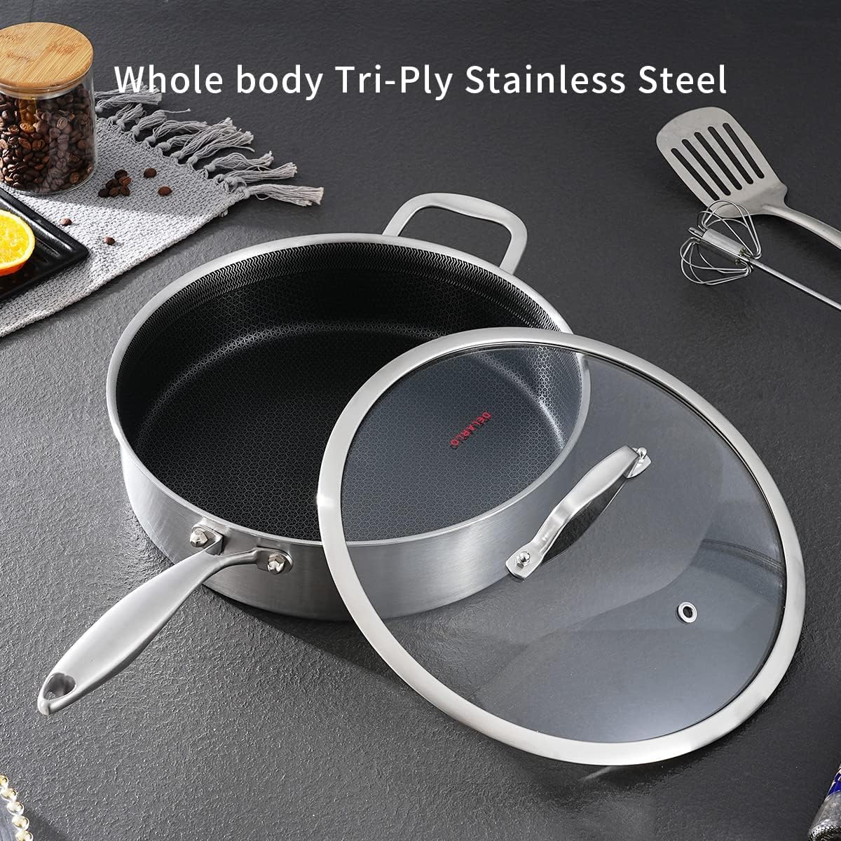 DELARLO 12.5 Inch Tri-Ply Stainless Steel Deep Saute Pan with Lid - 7QT Jumbo Nonstick Frying Pan, Induction Compatible Large Skillet for Professional Chefs - Oven & Dishwasher Safe - Perfect for Stir-Frying, Deep Frying & Searing Meats