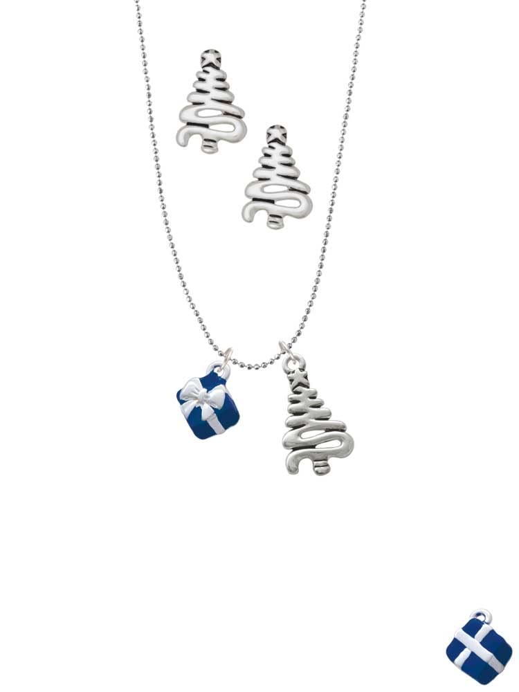 Delight Jewelry Sterling Silver 3D Enamel Gift Box Charm Necklace Set with Christmas Tree Pendant & Stud Earrings - Perfect Holiday Gift for Women, Christmas Party Accessories
