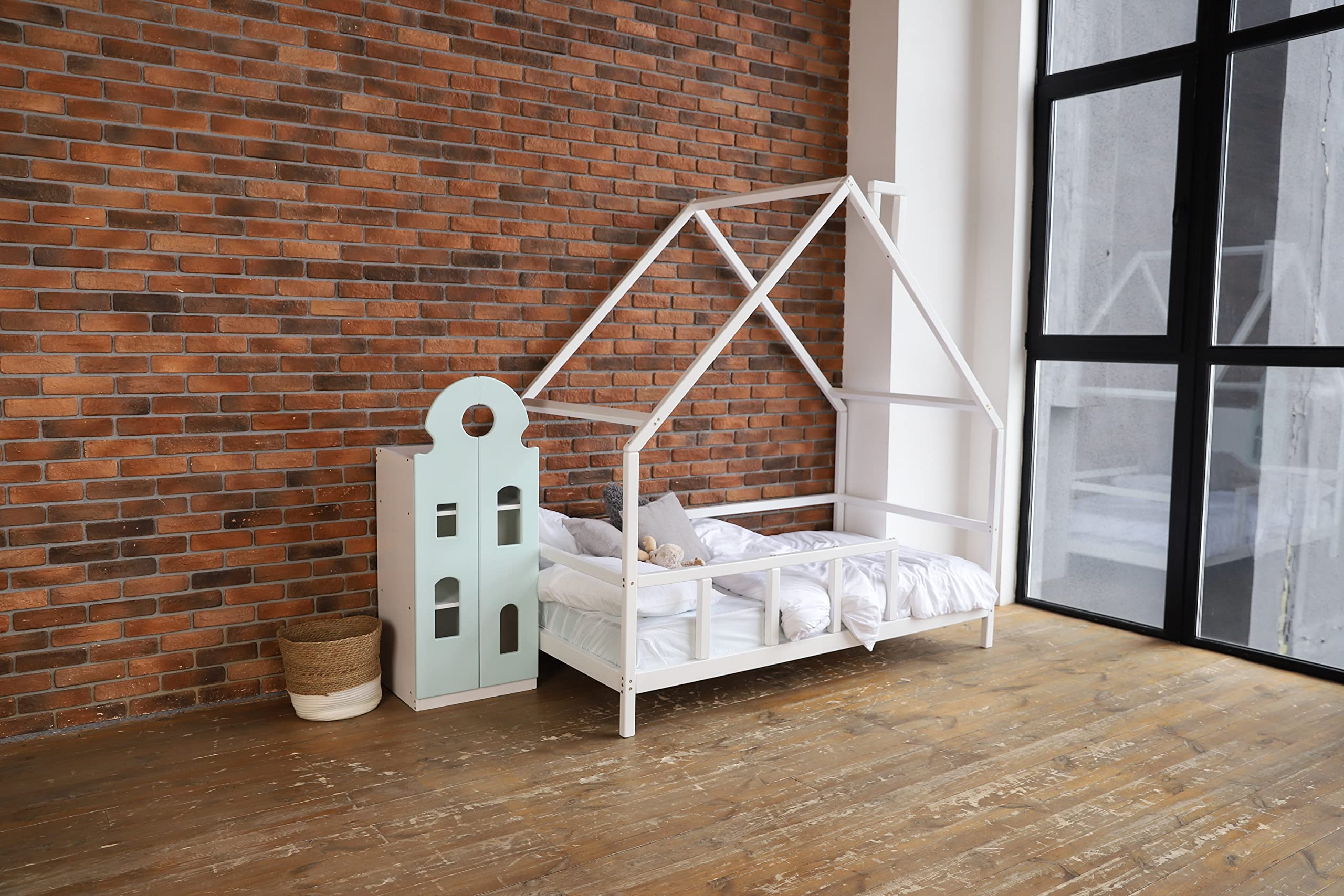 Montessori Toddler Bed with House Roof & Safety Rails - White Twin/Full Size Kids Bed Frame with Legs - Perfect for Nursery, Daycare & Montessori Classrooms (Model 15)