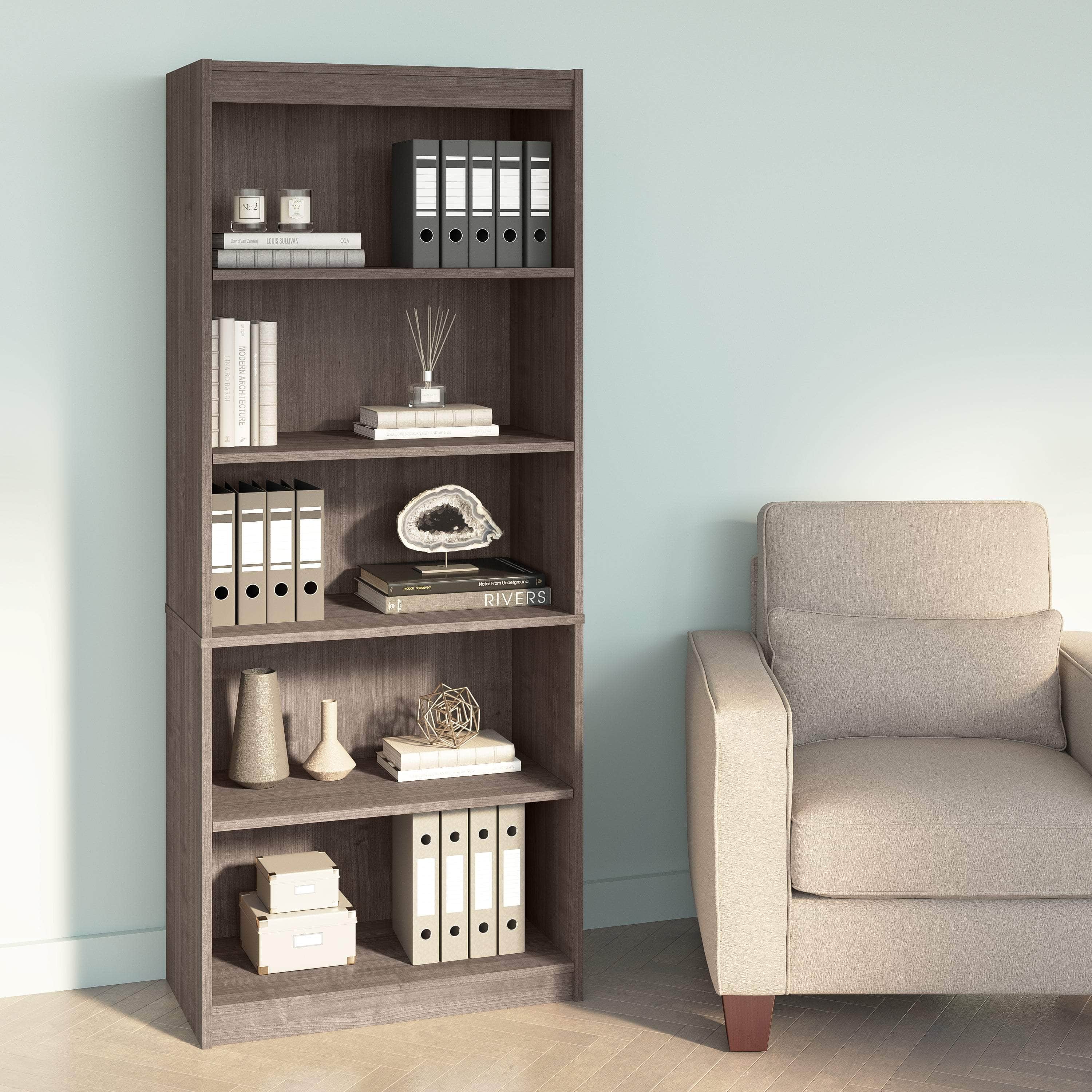 Ridgeley 30W 5-Tier Bookshelf - White, Black & Walnut Finish | Space-Saving Bookcase for Living Room, Office & Bedroom Storage