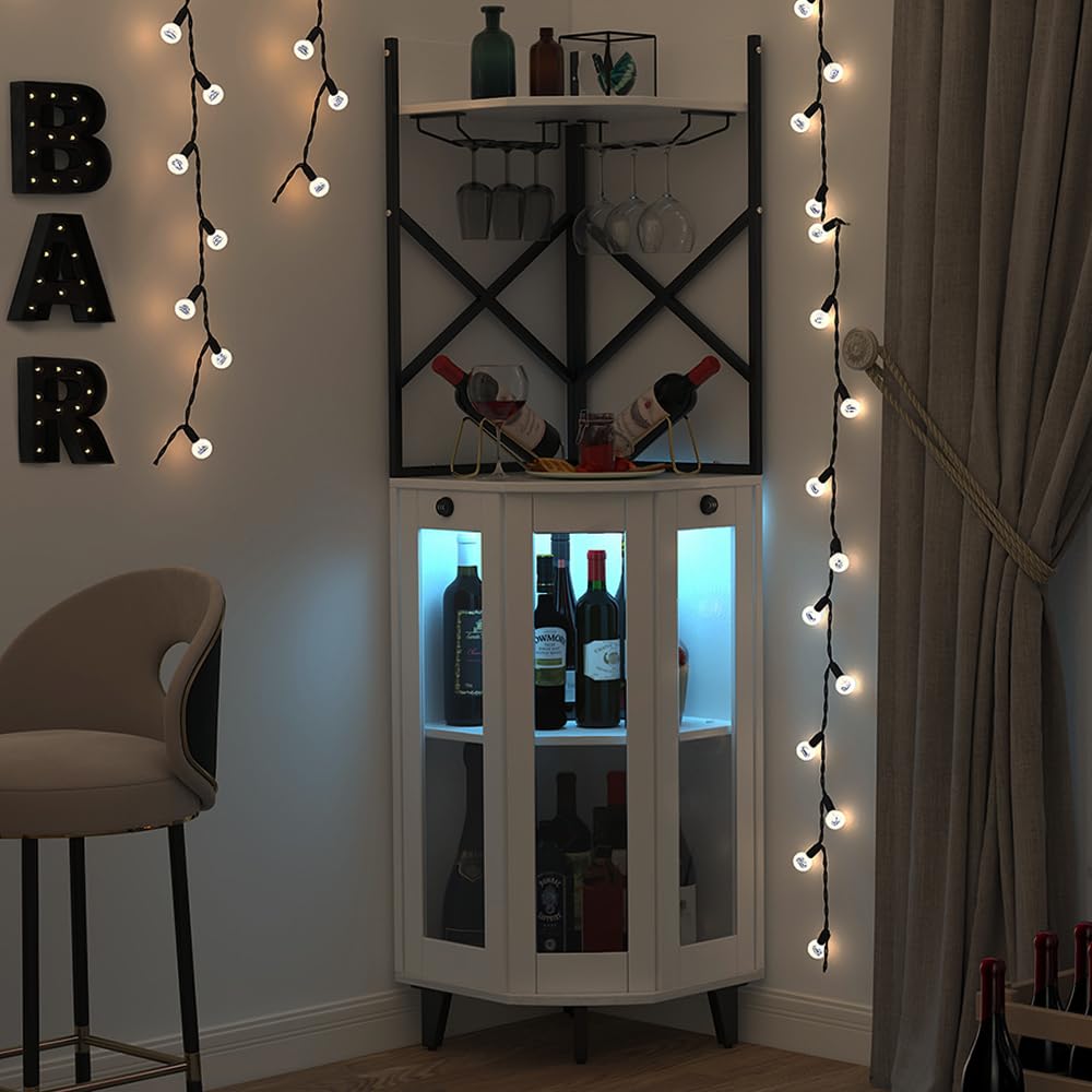 COCO DESIGN White Corner Wine Cabinet with Locking Glass Door - LED Light, 2 Glass Trays & 2 Wine Racks - Lockable Alcohol Storage for Home Bar, Kitchen, Dining Room, Farmhouse Decor - Perfect for Entertaining & Wine Display
