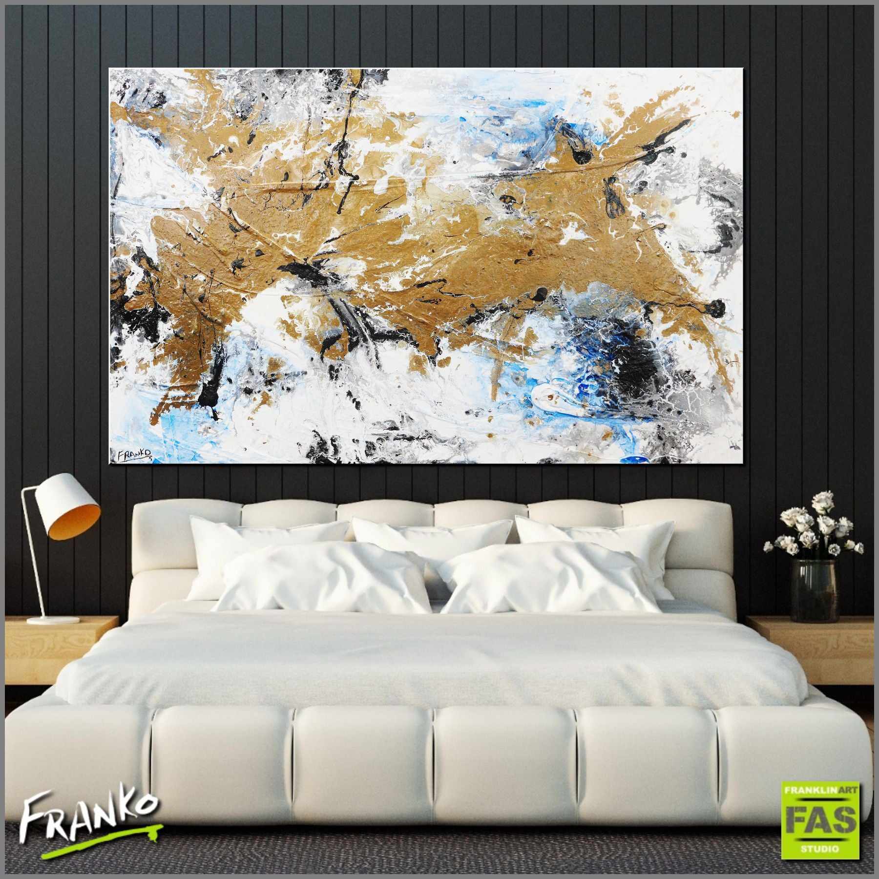 Golden Blue 160cm x 100cm Abstract Canvas Painting - Gold White Blue Modern Art Wall Decor for Living Room, Bedroom & Office