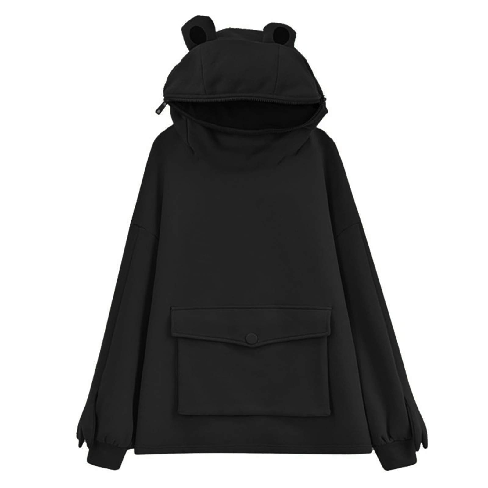 Cute Frog Skateboarding Hoodie for Women & Teens - Kawaii Zipper Mouth Pullover Sweatshirt with Pocket | Casual Streetwear & Skate Fashion Outfit