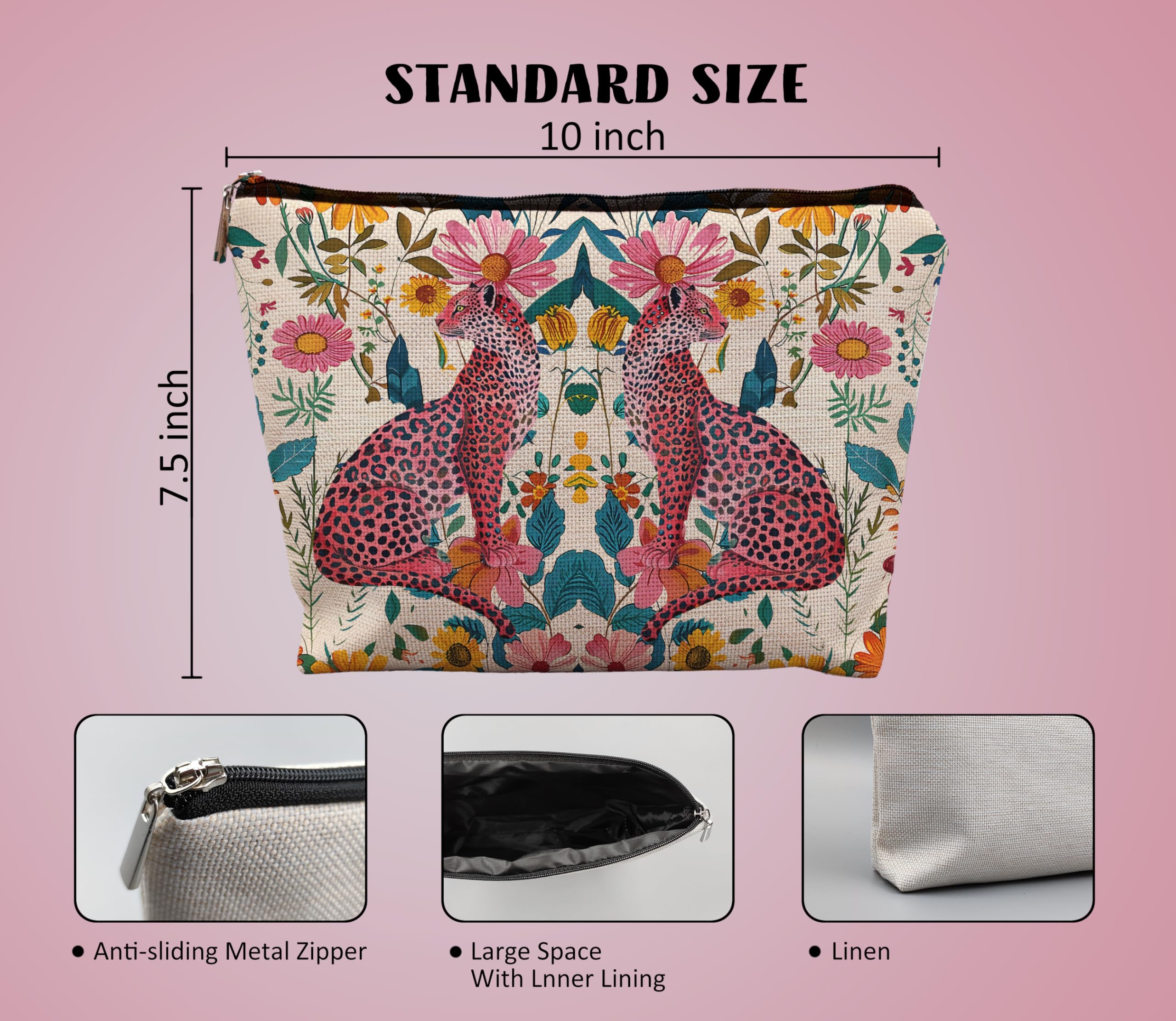 Floral Leopard Print Makeup Bag - Hot Pink Preppy Cheetah Cosmetic Pouch for Women | Perfect for Travel, Gym & Everyday Use