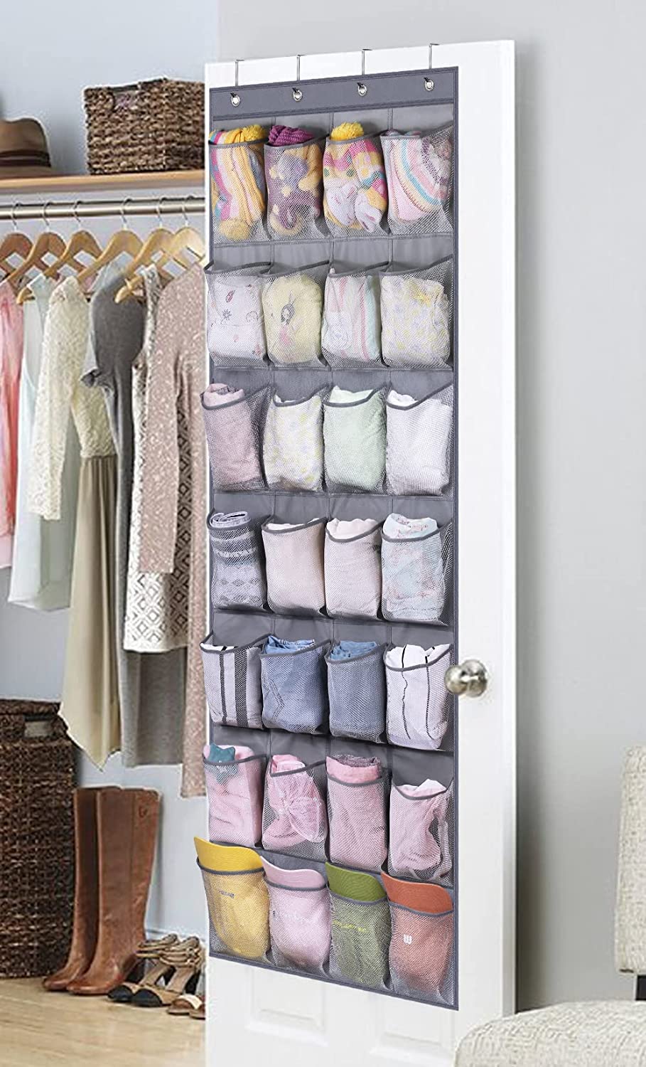 MISSLO 28-Pocket Over The Door Hanging Shoe Organizer - Space Saving Mesh Shoe Storage for Closet, Bedroom & Entryway - Grey (Perfect for Small Spaces, Dorm Rooms & Apartment Organization)