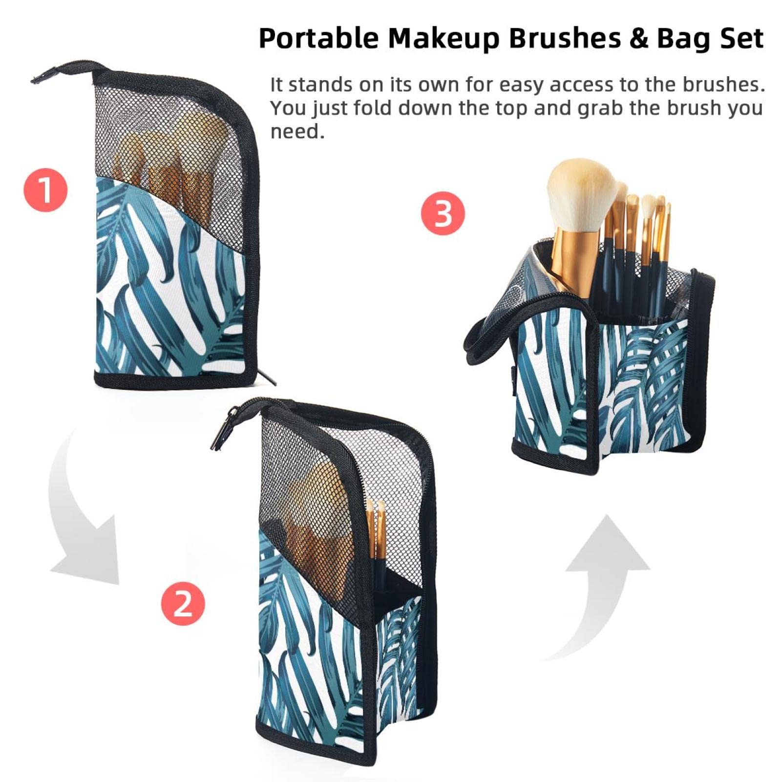 Portable Makeup Brush Organizer Bag with 12 Slots - Tropical Palm Leaves Design, Travel-Friendly Cosmetic Brush Holder Case - Perfect for Home Vanity, Travel & Professional Makeup Artists