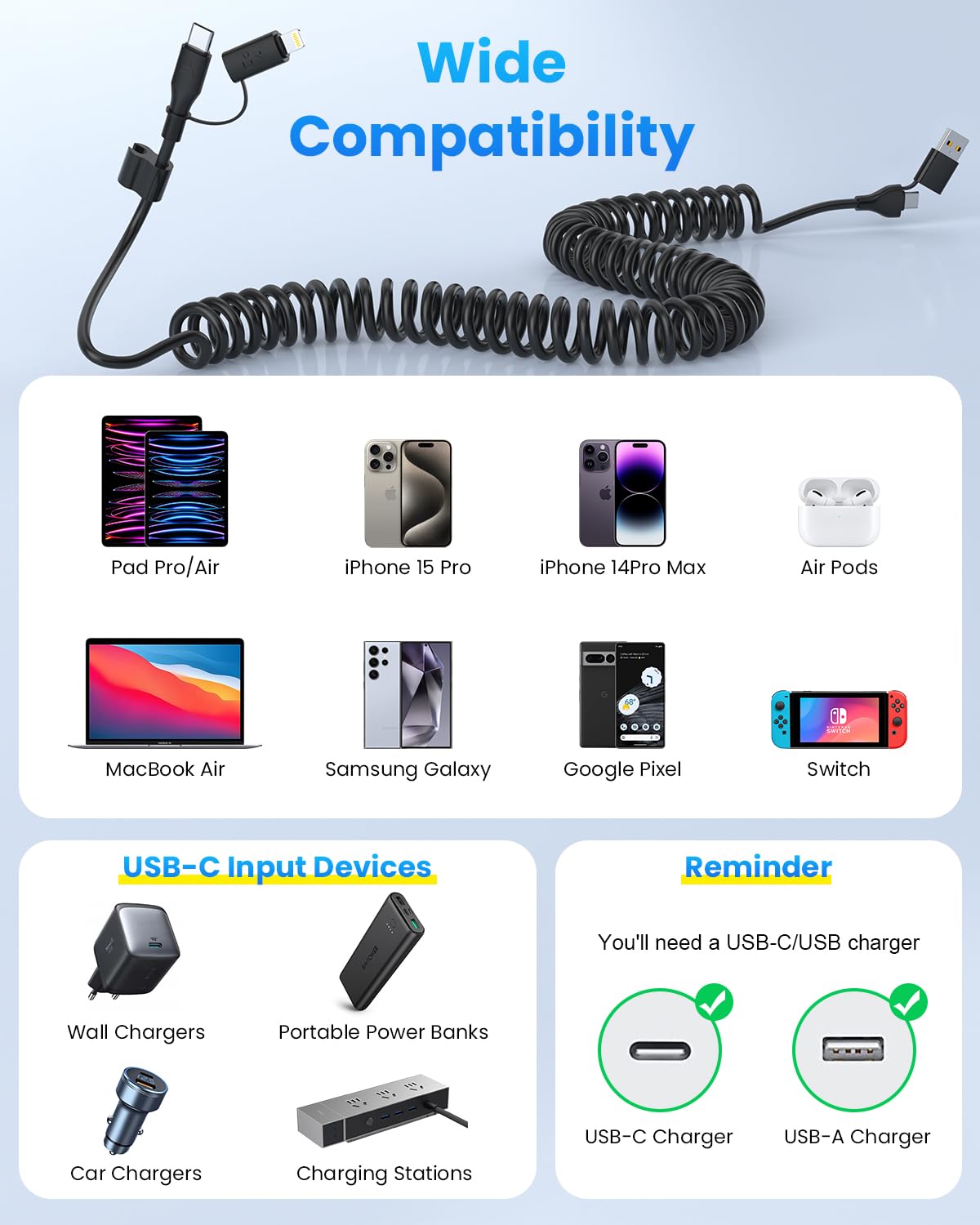4-in-1 Retractable USB C Car Charger Cable - 4FT 60W Fast Charging & Data Sync - Compatible with iPhone CarPlay & Android Auto - USB/USB-C to USB-C/Lightning for Phones, Tablets - Perfect for Road Trips & Daily Commute