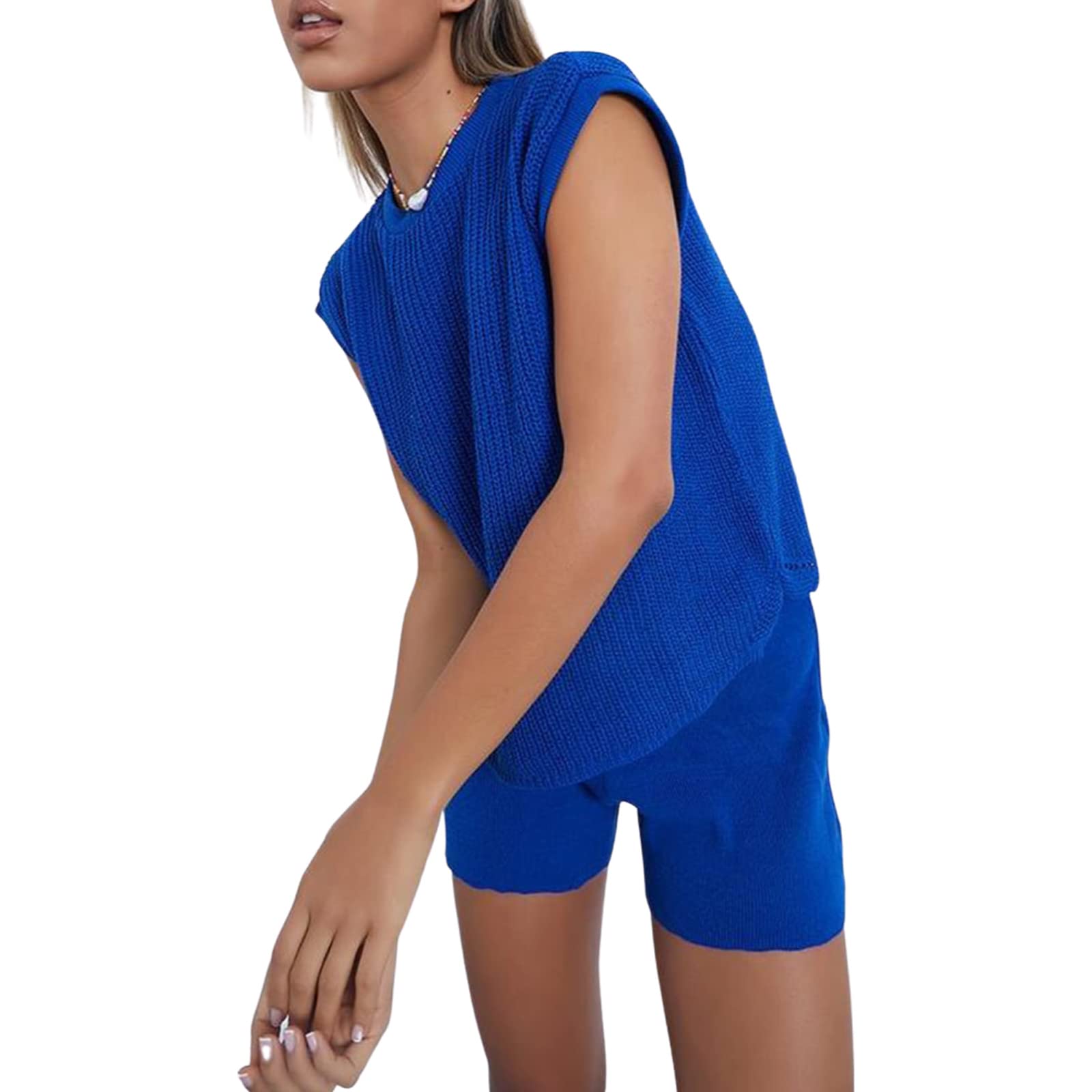 Women's Solid Color Knit Short Sets - Loose Round Neck Top & Shorts for Summer | Casual Outfits, Beachwear, Lounge Wear