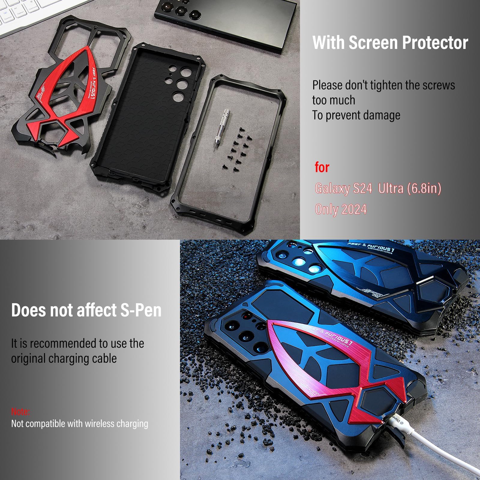 **Military Grade Shockproof Phone Case for Samsung Galaxy S24 Ultra 5G - Heavy Duty Hybrid Metal Bumper with Built-in Silicone, Drop & Dust Protection (Black) - Perfect for Outdoor, Work & Travel**