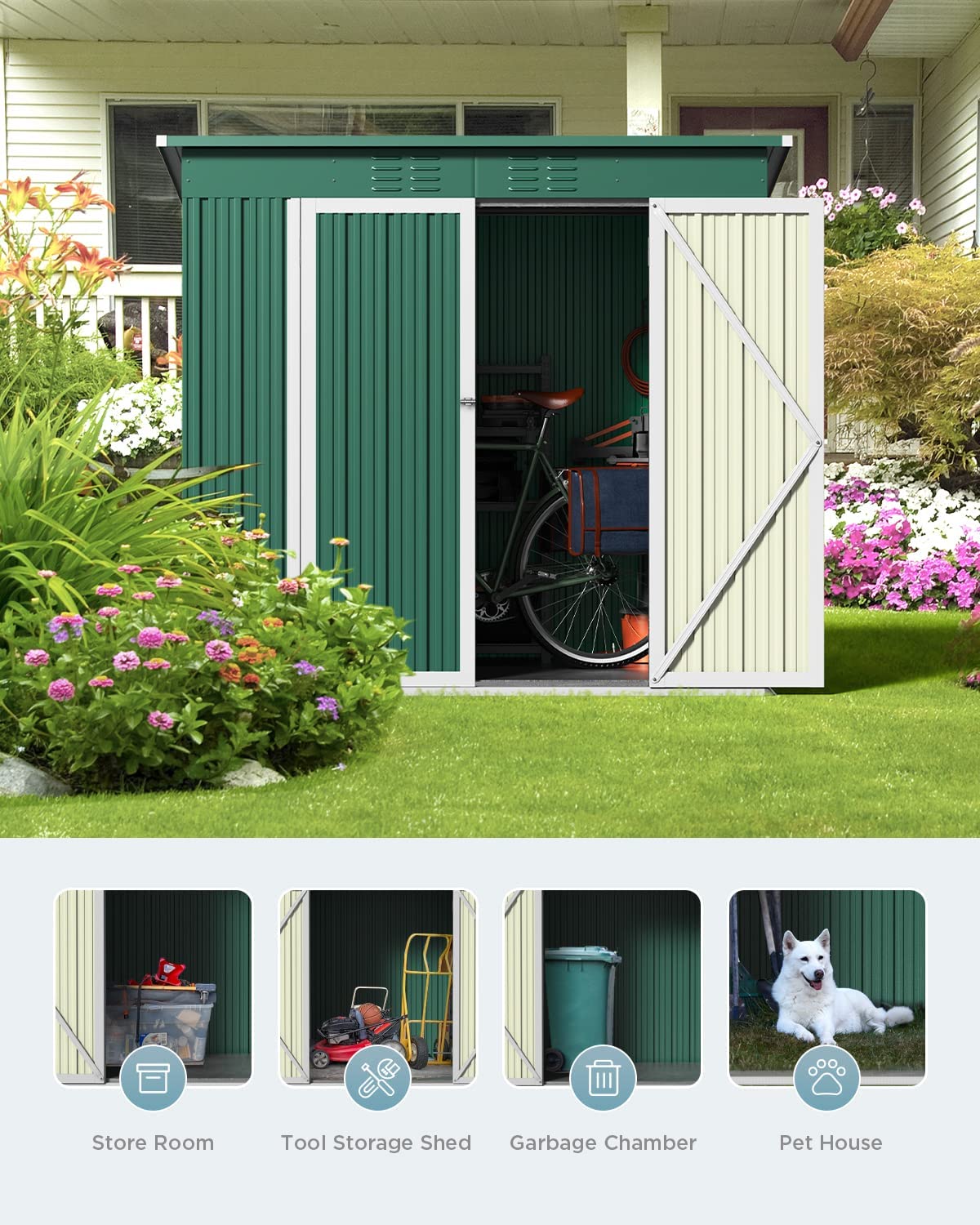 Bealife 6' x 4' Outdoor Storage Shed - Heavy Duty Metal Garden Shed with Double Lockable Doors, Waterproof & Rustproof Tool Storage Cabinet for Backyard, Patio, Lawn (Green) | Perfect for Storing Gardening Tools, Lawn Equipment & Seasonal Items