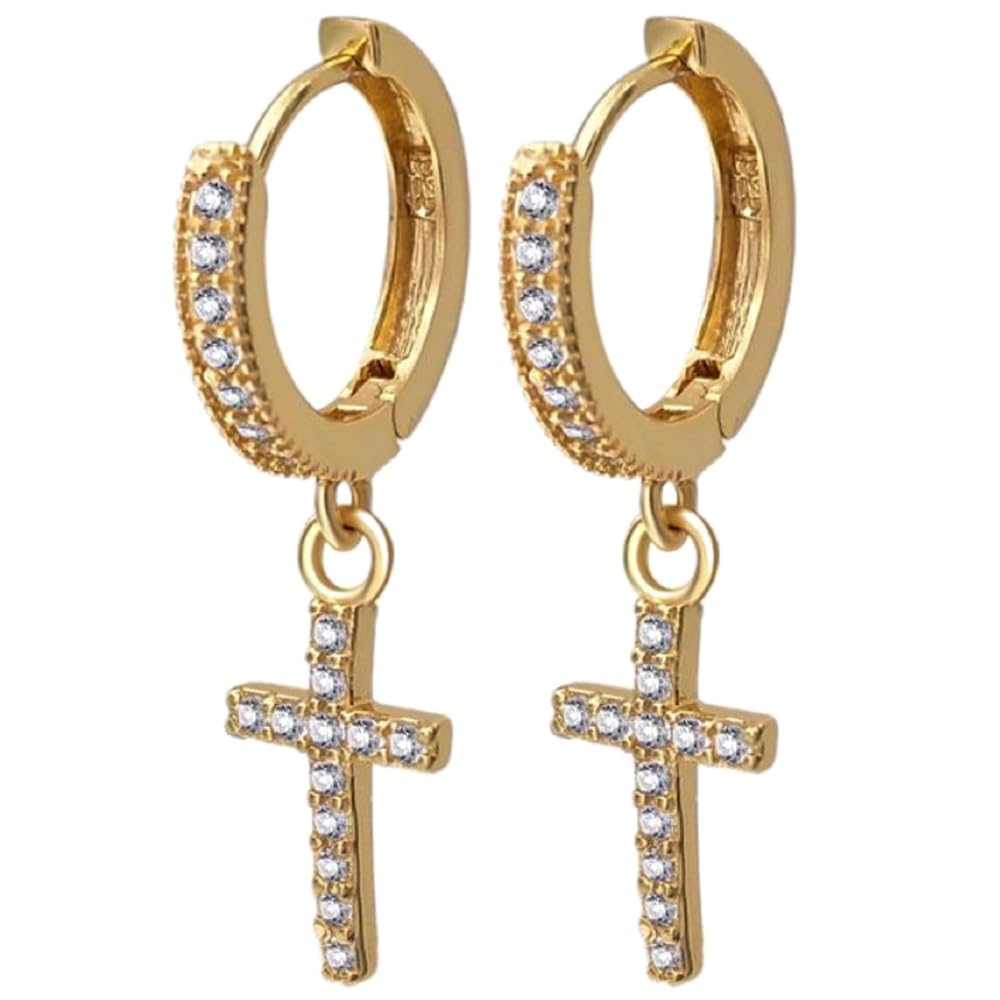 14K Yellow Gold Plated 925 Sterling Silver Cubic Zirconia Cross Hoop Earrings for Men & Women - Lightweight Dainty Dangle Huggie Hoops - Perfect for Daily Wear, Gift Giving, and Special Occasions