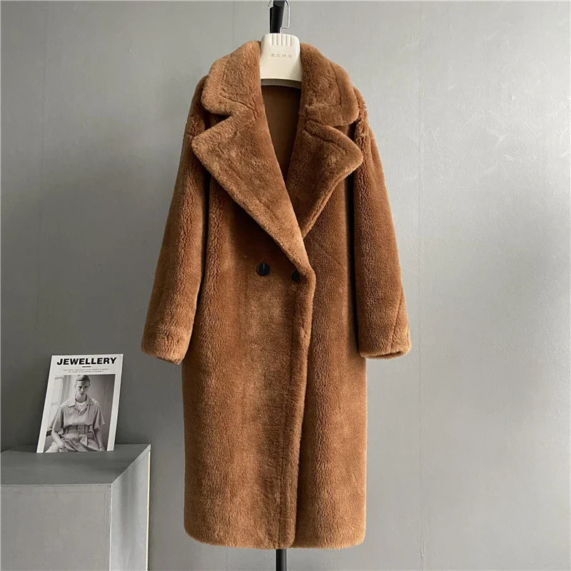 2022 Women's Long Cashmere Coat - Premium Wool Woven Fabric, Thick & Warm Oversized Winter Jacket | Fashion Streetwear Teddy Bear Style | Perfect for Cold Weather, Office Wear & Holiday Outfits