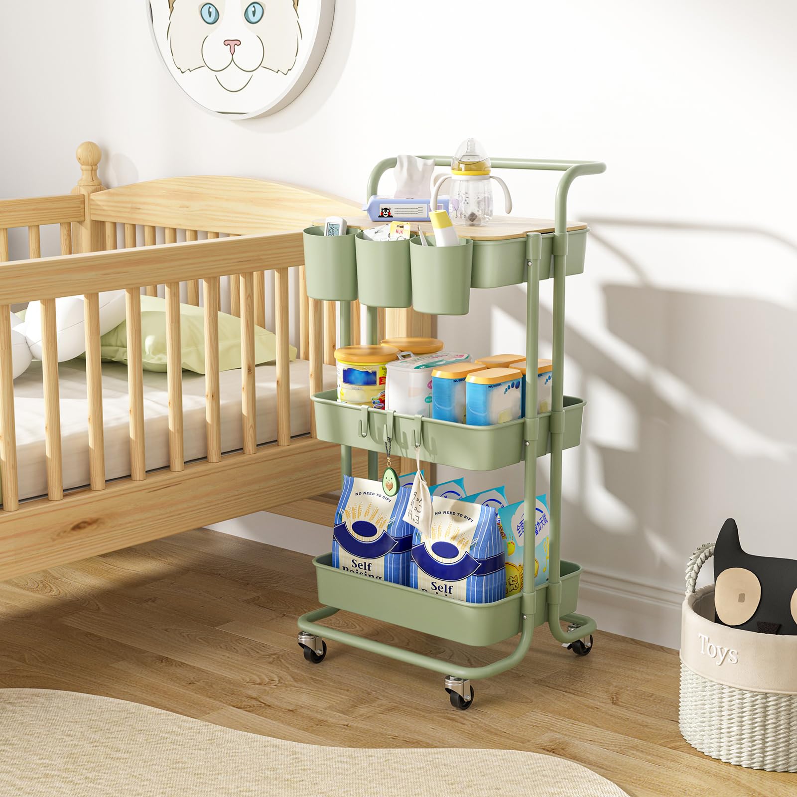3 Tier Rolling Utility Cart with Lockable Wheels - Metal Handle, Table Top, Hanging Cups & Hooks - Plastic Storage Baskets for Bathroom, Classroom, Office, Kitchen & Pantry Organization - Perfect for Small Space Storage & Mobile Workstations (Green)