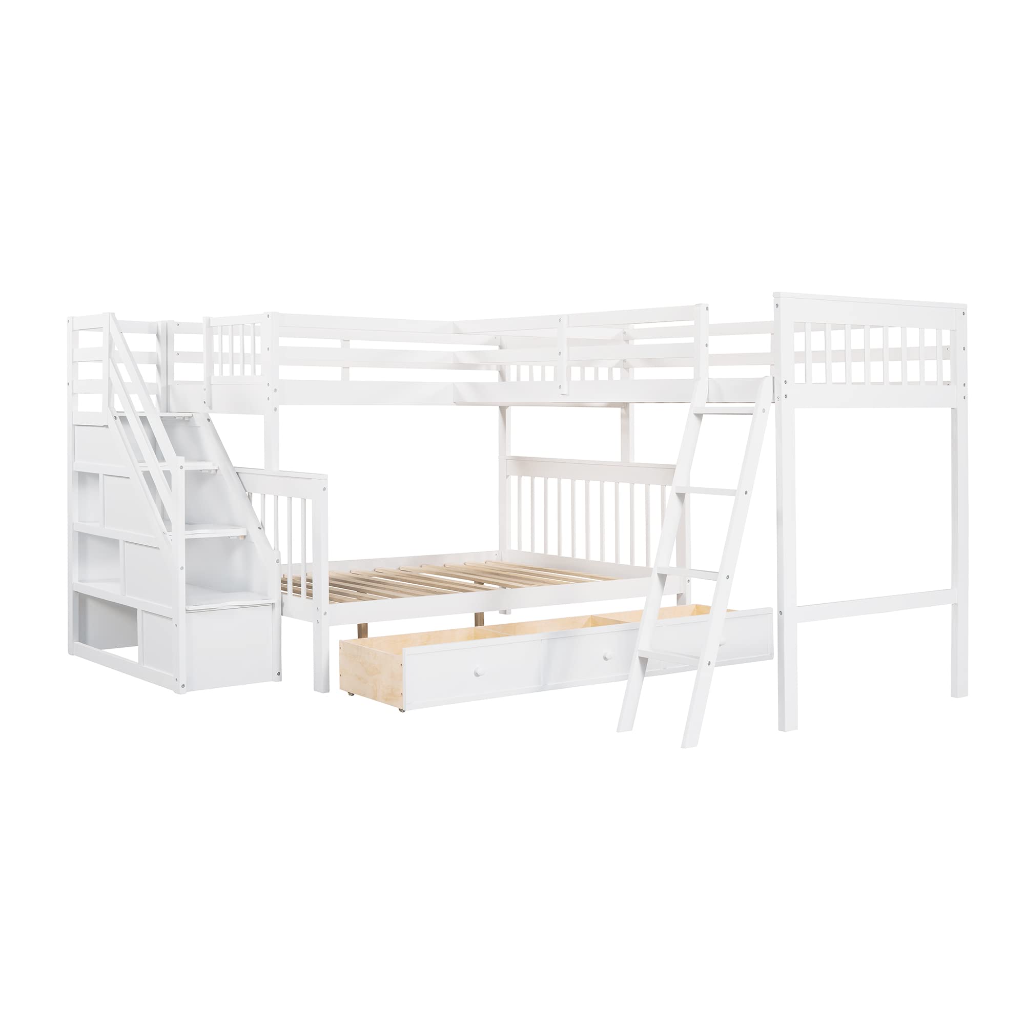 Merax White L-Shaped Triple Bunk Bed with Loft - Twin Over Full Size, Built-in Drawers, Safety Guardrails & Ladder - Space-Saving Kids Bedroom Furniture for Small Rooms & Shared Spaces