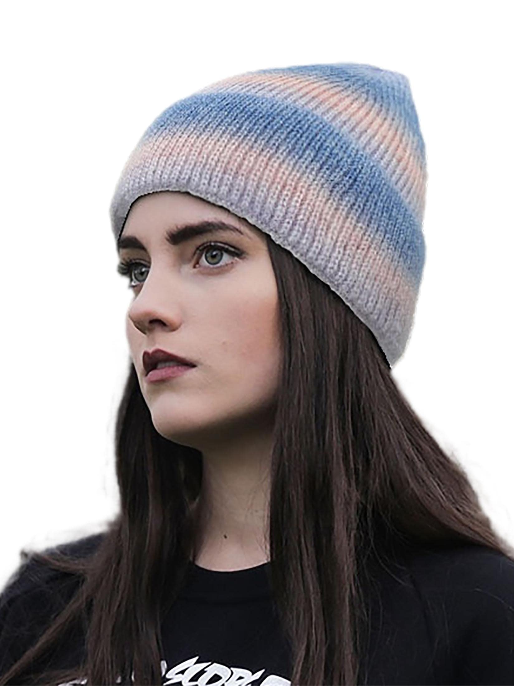 Formery Winter Tie Dye Beanie - Blue Warm Thick Knitted Skull Cap with Chunky Gradient Cuff - Cozy Knit Skully Hat for Women & Girls - Perfect for Skiing, Snowboarding & Cold Weather Fashion
