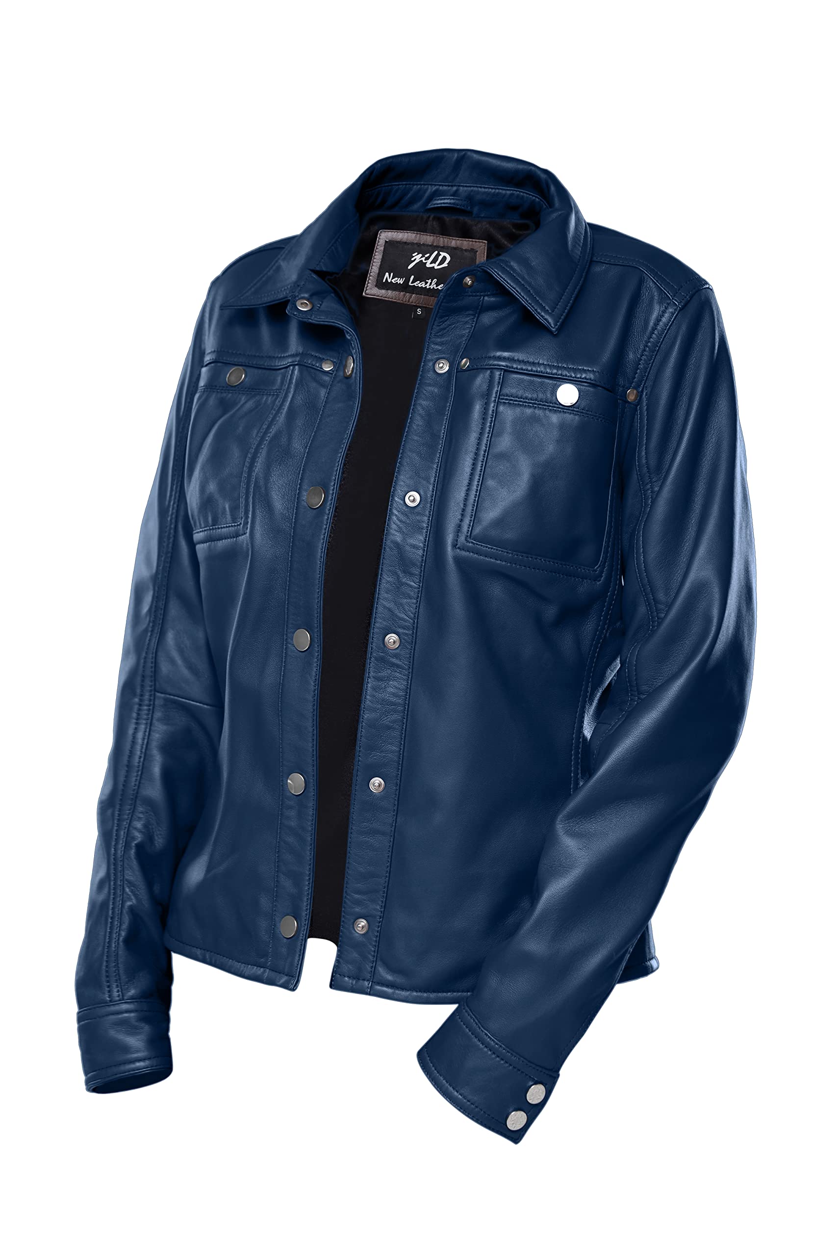 Jild Women's Button Front Lambskin Leather Jacket Shacket - Long Sleeve Casual Shirt Jacket with Bust Pocket | Perfect for Fall Layering, Date Nights & Office Wear