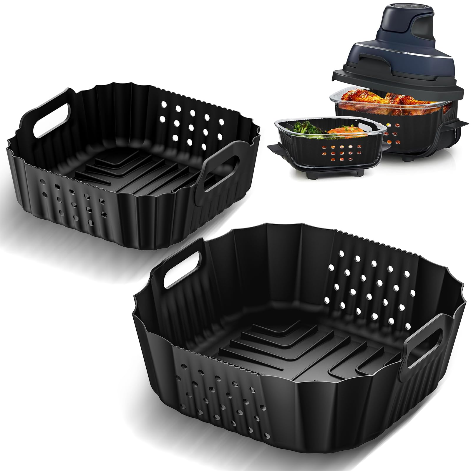 Ninja Air Fryer Silicone Liners Set - 2 Pack Non-Stick Basket Accessories for FN101GY/FN101SG/FN101ST Models | Fits 4 QT & 6 Cup Glass Containers | Reusable, Easy Clean | Perfect for Healthy Cooking, Meal Prep & Family Snacks