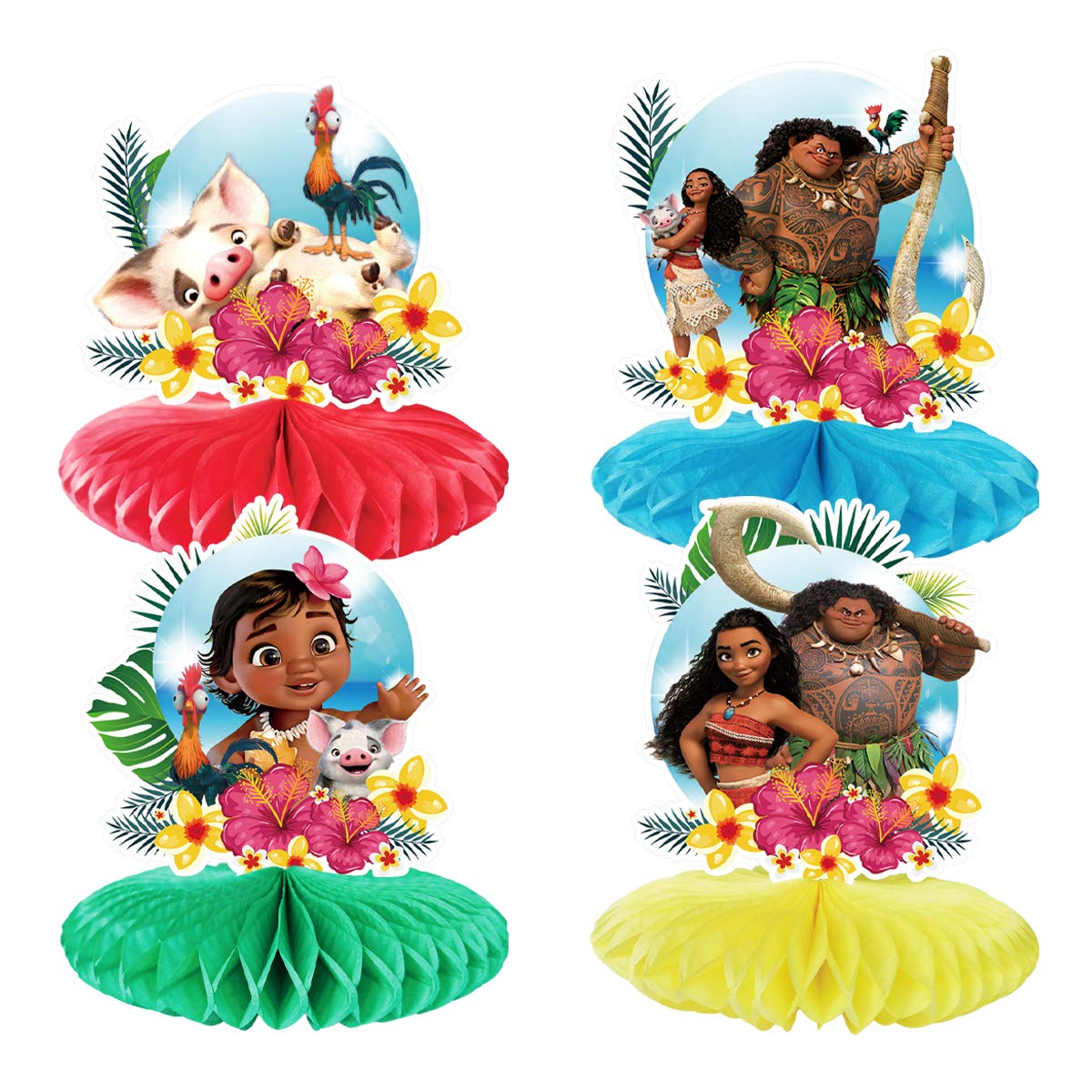 4 Moana Honeycomb Table Decorations - Tropical Paper Flower Centerpieces for Moana Birthday Party Supplies | Perfect for Hawaiian Luau, Themed Parties & Home Decor