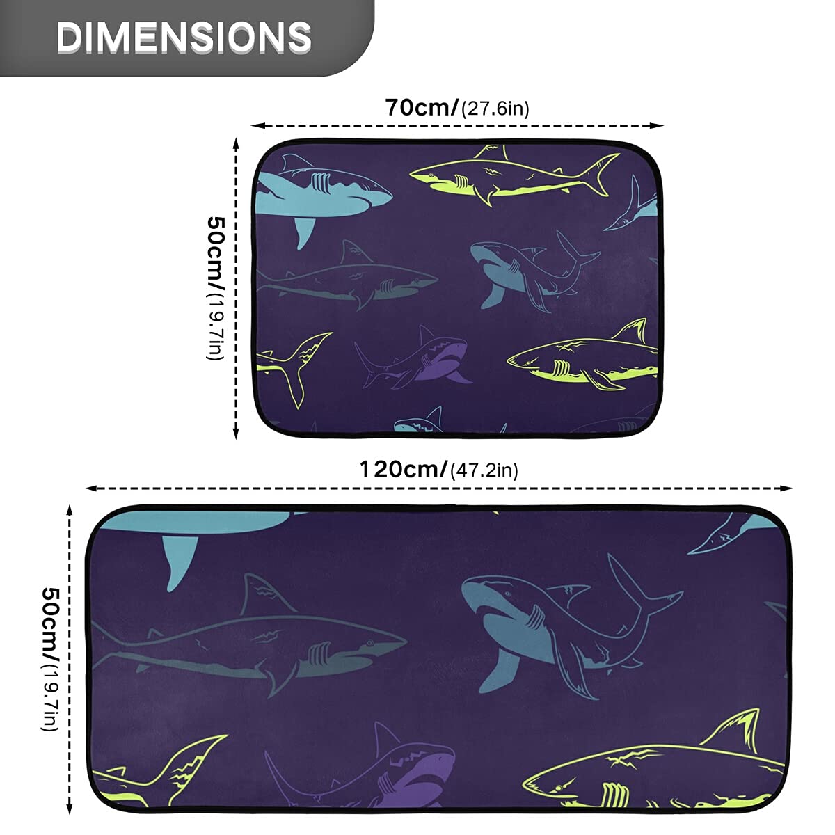 Abstract Shark Kitchen Rugs and Mats Set - 2 Piece Non-Slip Washable Runner Rug for Kitchen Floor, Laundry Room, Bathroom, and Home Decor