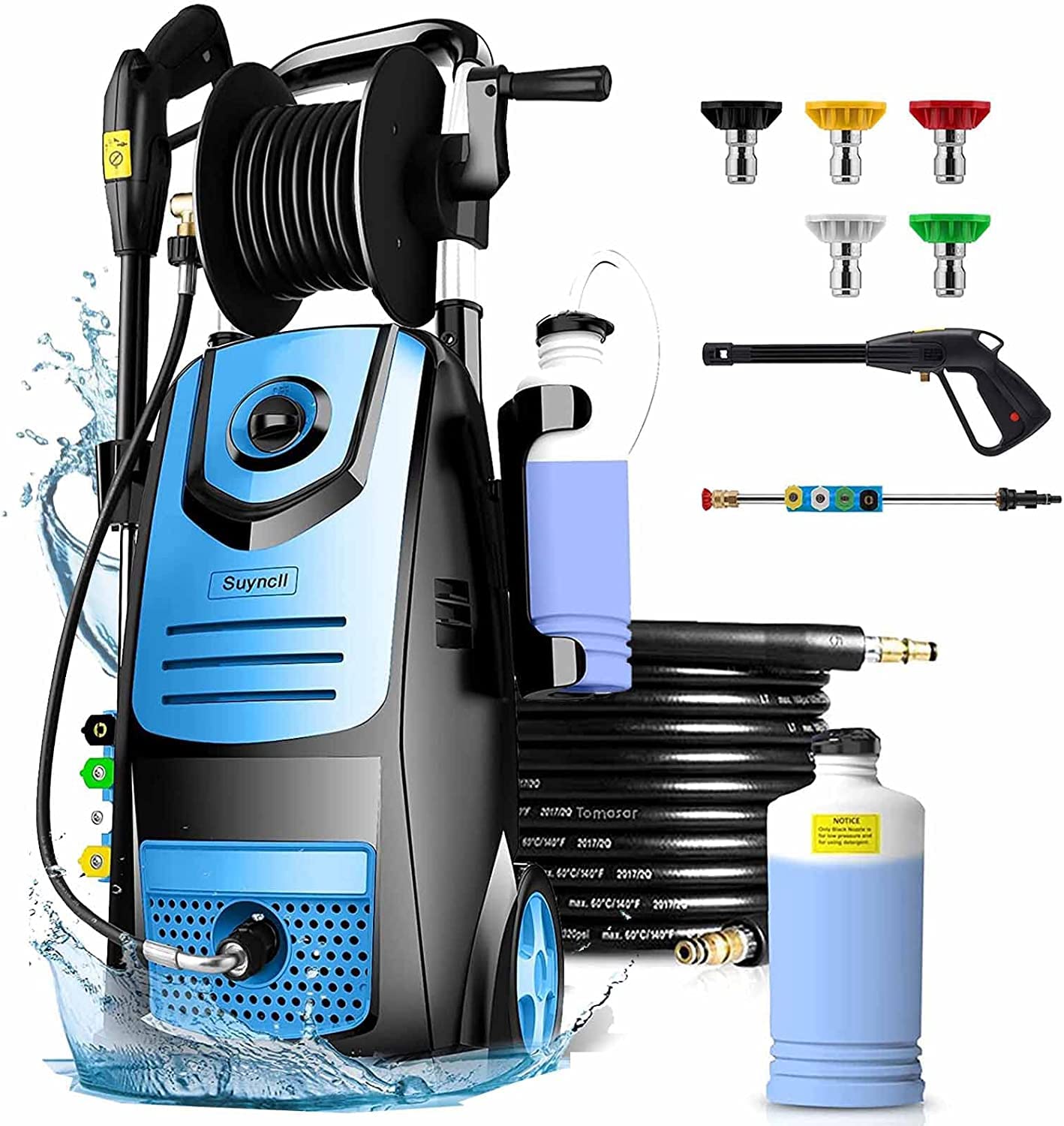Suyncll 1.8GPM Electric Pressure Washer with Hose Reel & Soap Bottle - High Power Cleaner for Driveways, Decks, Patios & Outdoor Surfaces (Blue)