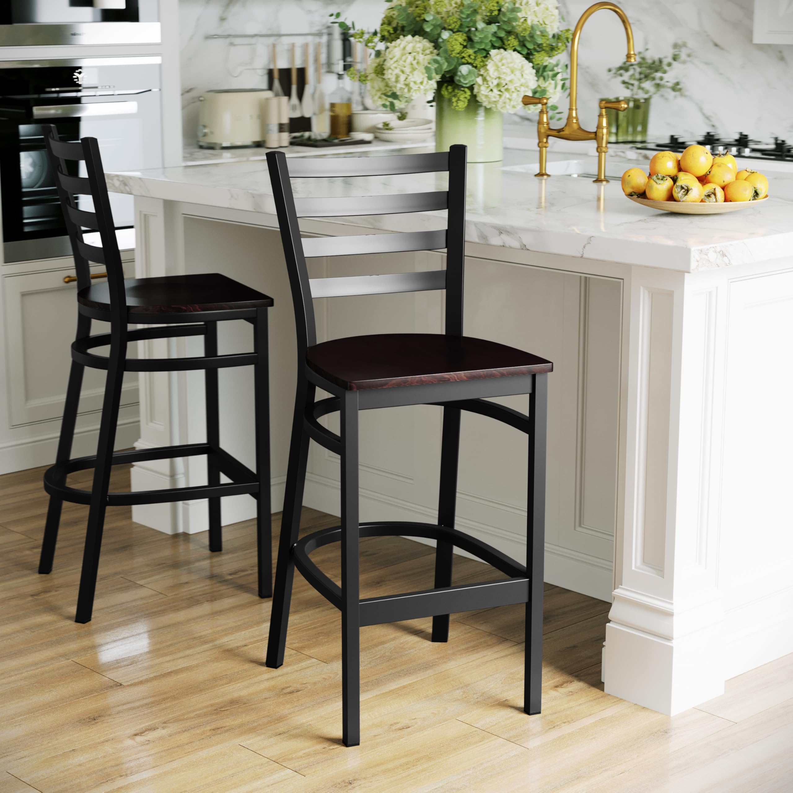 2 Pack Black Ladder Back Metal Bar Stools with Walnut Wood Seat - Counter Height Stools for Kitchen Island, Breakfast Bar & Restaurant Dining