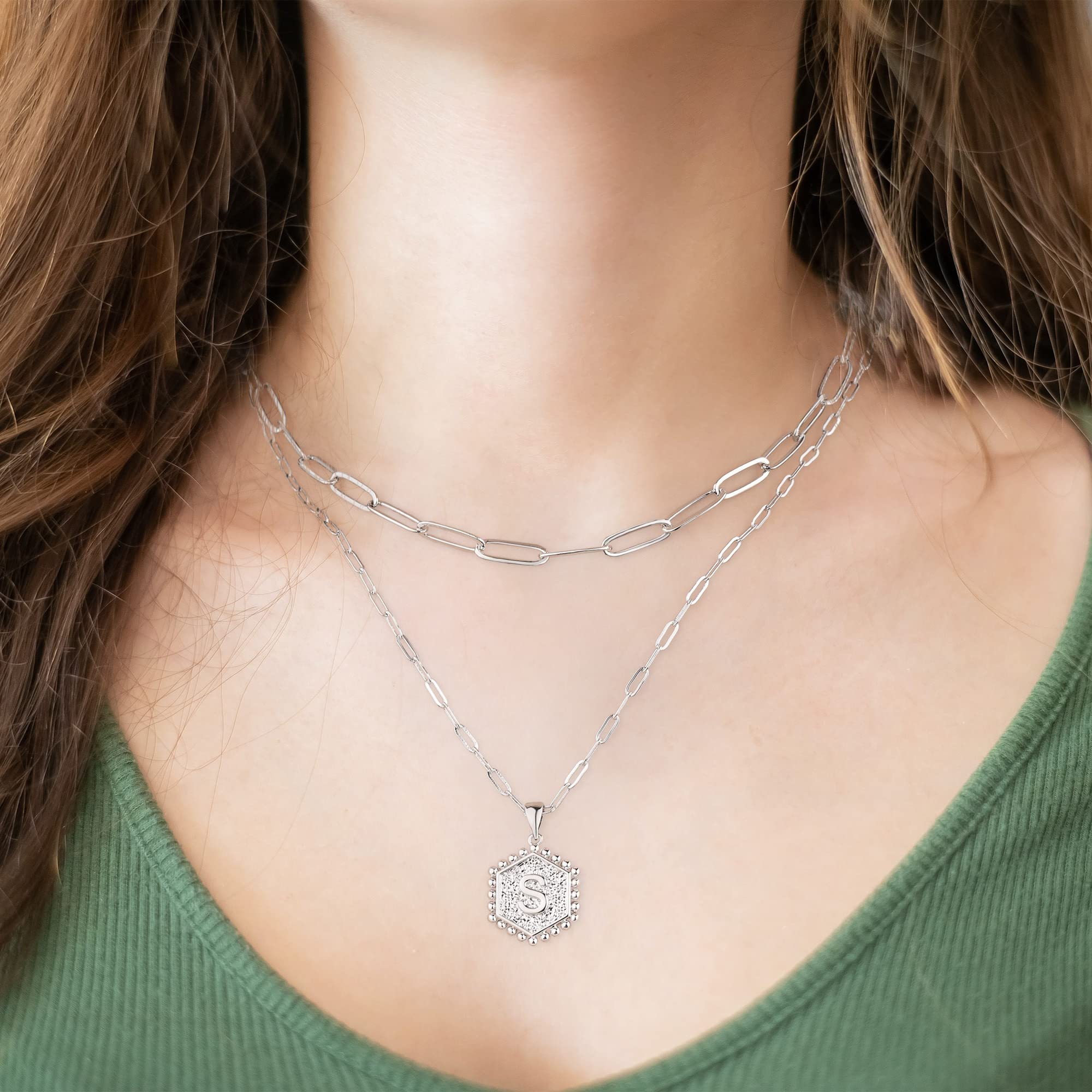 14K White Gold Plated Initial Necklace for Women - Silver Hexagon Letter Pendant Paperclip Chain Choker, Personalized Layered Jewelry Gift for Her | Birthday, Anniversary, Valentine's Day Present