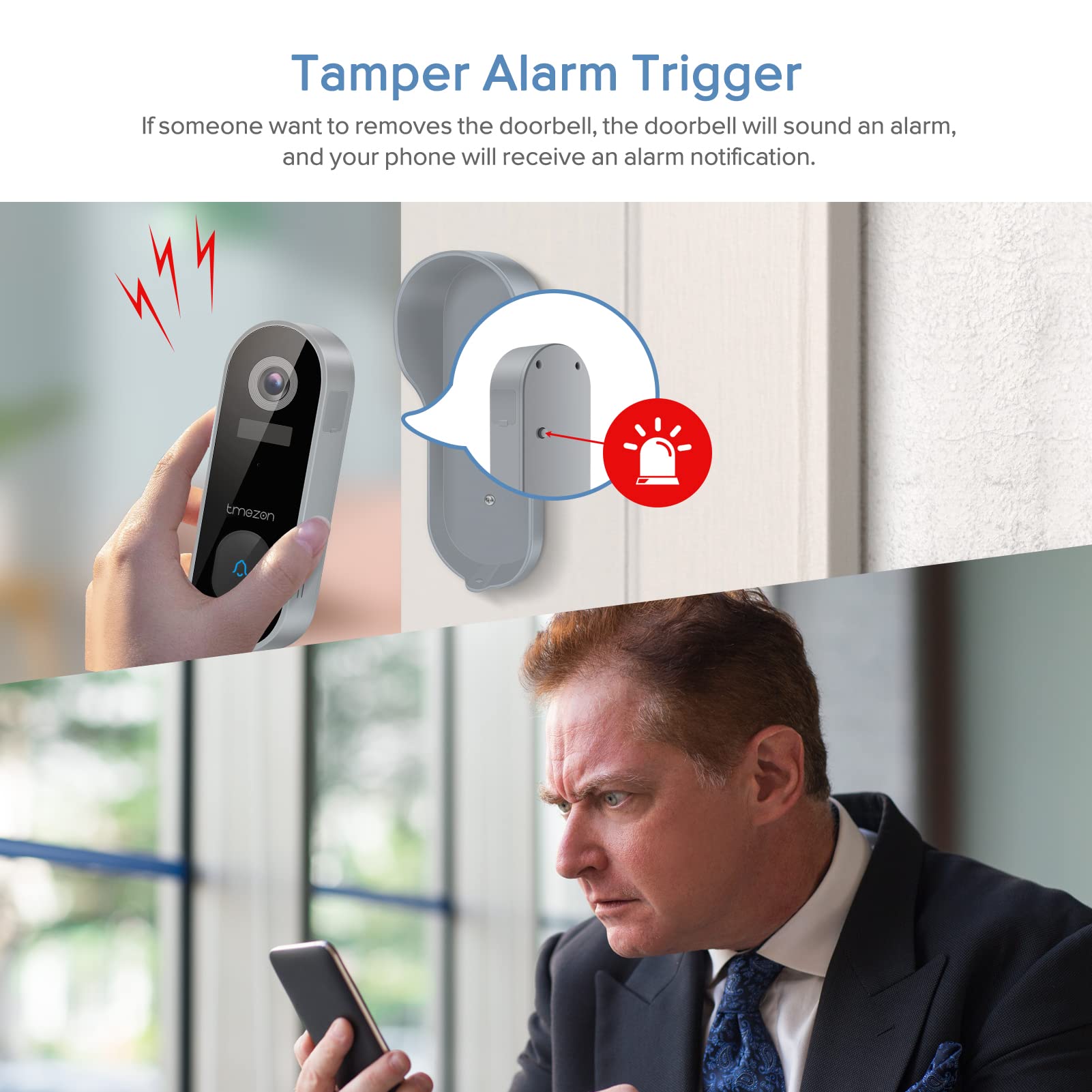 TMEZON Wireless Smart Video Doorbell Camera with Chime - 2K HD, Night Vision, PIR Motion Detection, Battery Powered, 2.4GHz WiFi - Ideal for Home Security & Front Door Monitoring