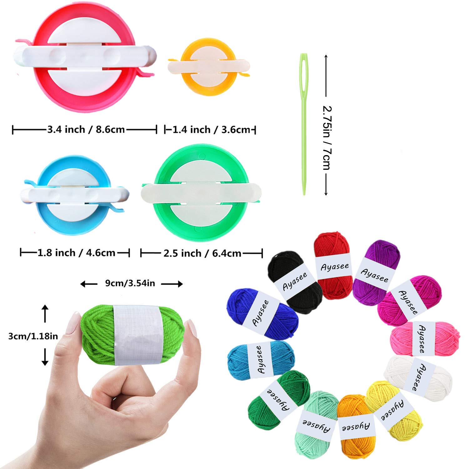 Pompom Maker Kit - DIY Knitting Loom Set with Fluff Ball Weaver, 4 Pompom Makers + 10 Knitting Stitch Markers + 10 Plastic Needles + 12 Acrylic Yarn (36 Colors) - Perfect for Crochet, Knitting Projects, and Handmade Crafts