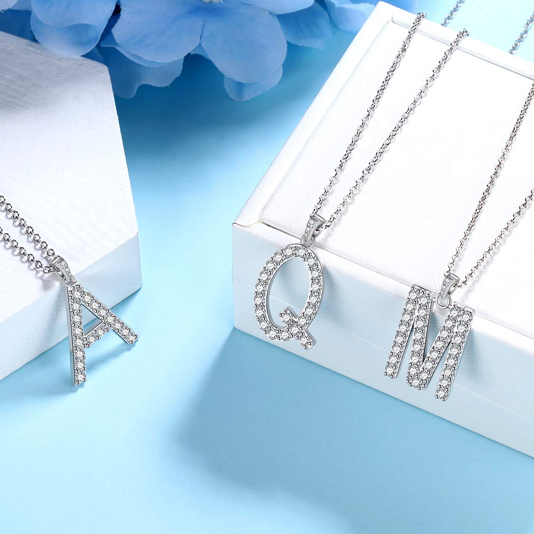 18K White Gold Plated Initial Letter Pendant Necklace - 925 Sterling Silver Cubic Zirconia Monogram Jewelry for Men & Women | Personalized Birthday Gift for Her/Him with Gift Box | Perfect for Anniversaries, Graduation & Special Occasions
