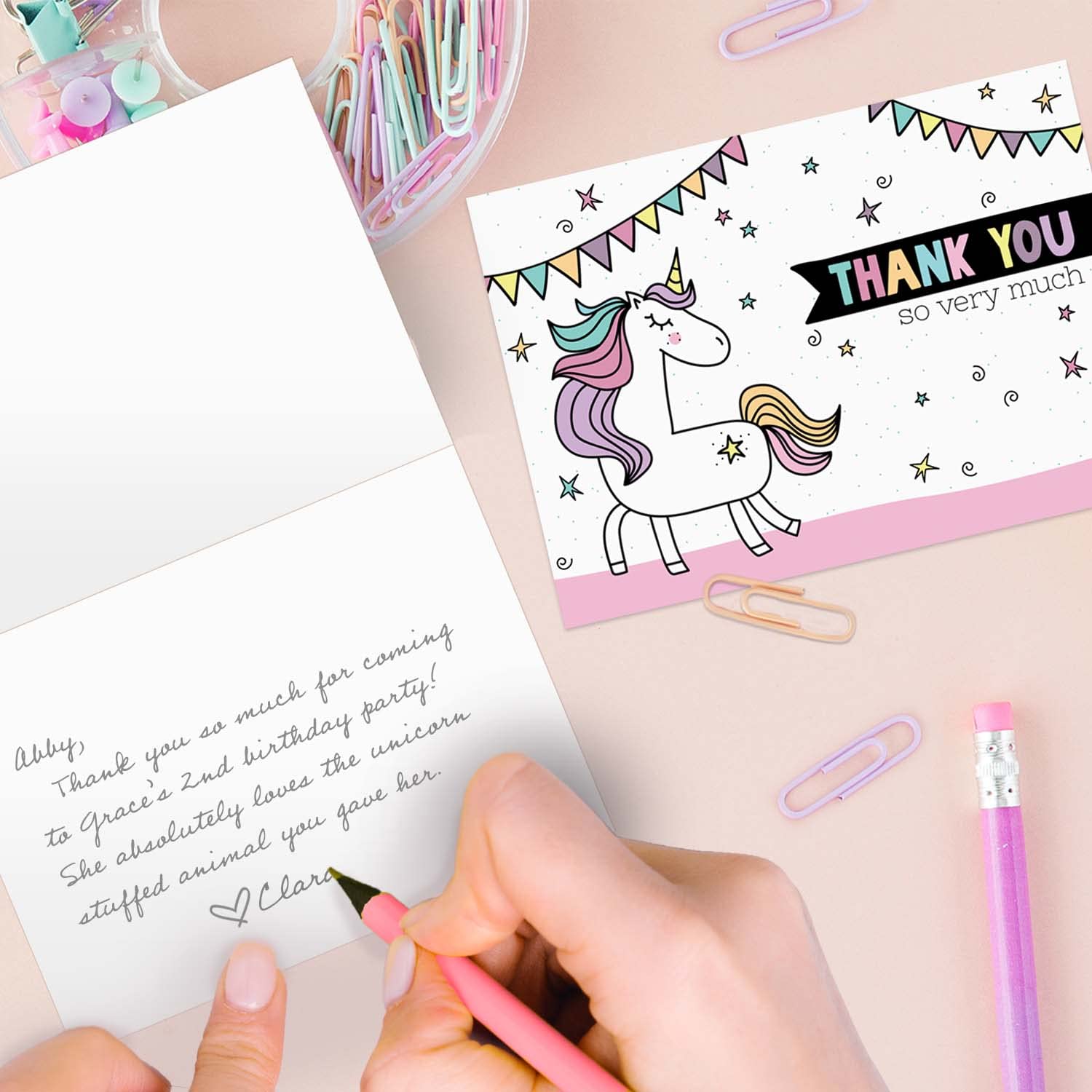 Rainbow Unicorn Thank You Cards - 24 Pack with White Envelopes | 3.5