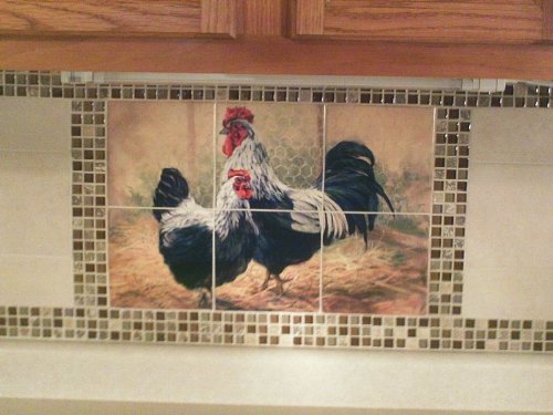 Ceramic Backsplash Tile Mural - Black Rooster and Hen Chicken Design by Laurie Snow Hein - Perfect for Kitchen & Bathroom Wall Decor